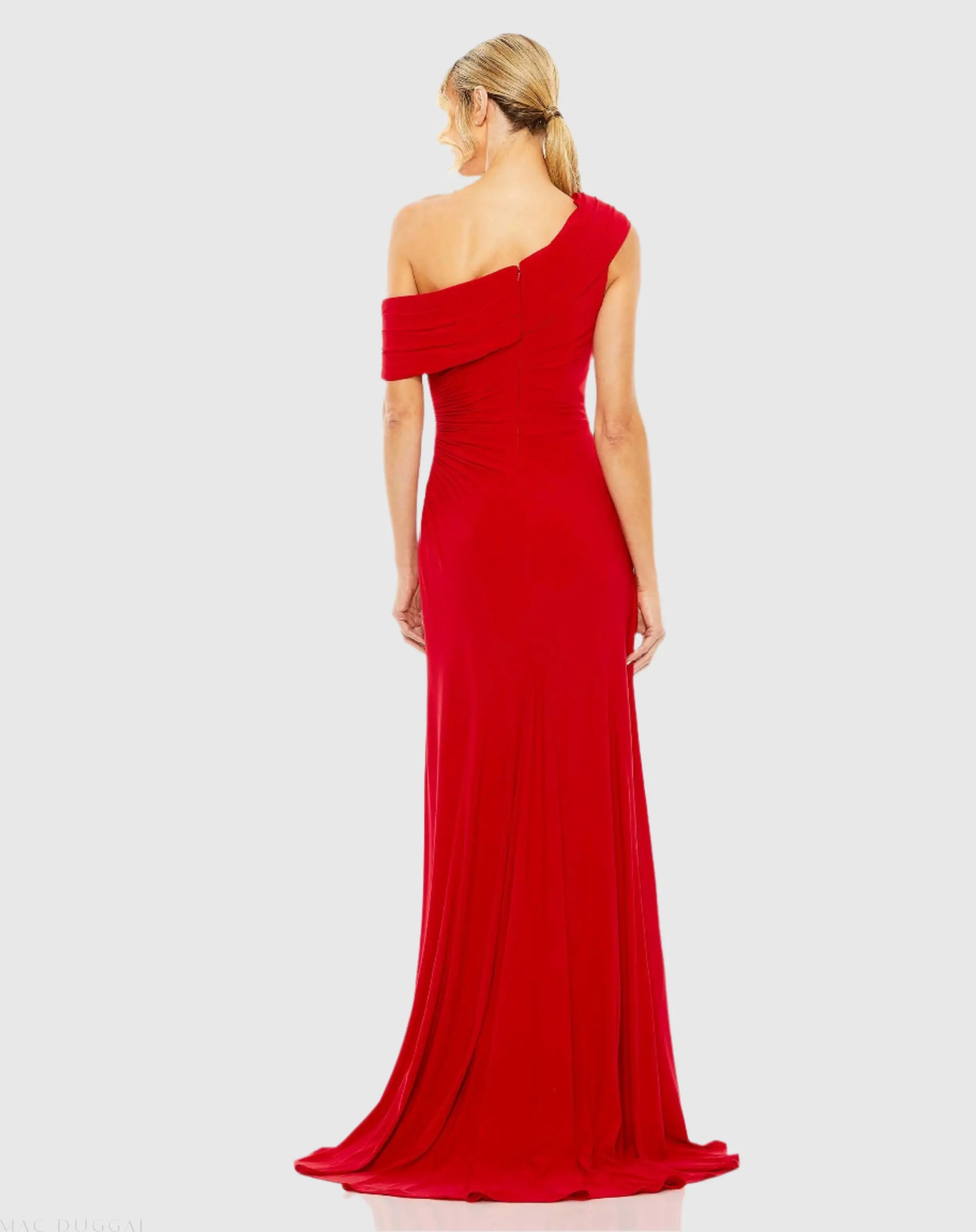 Red Foldover Off-the-Shoulder Slit Gown - Image 3