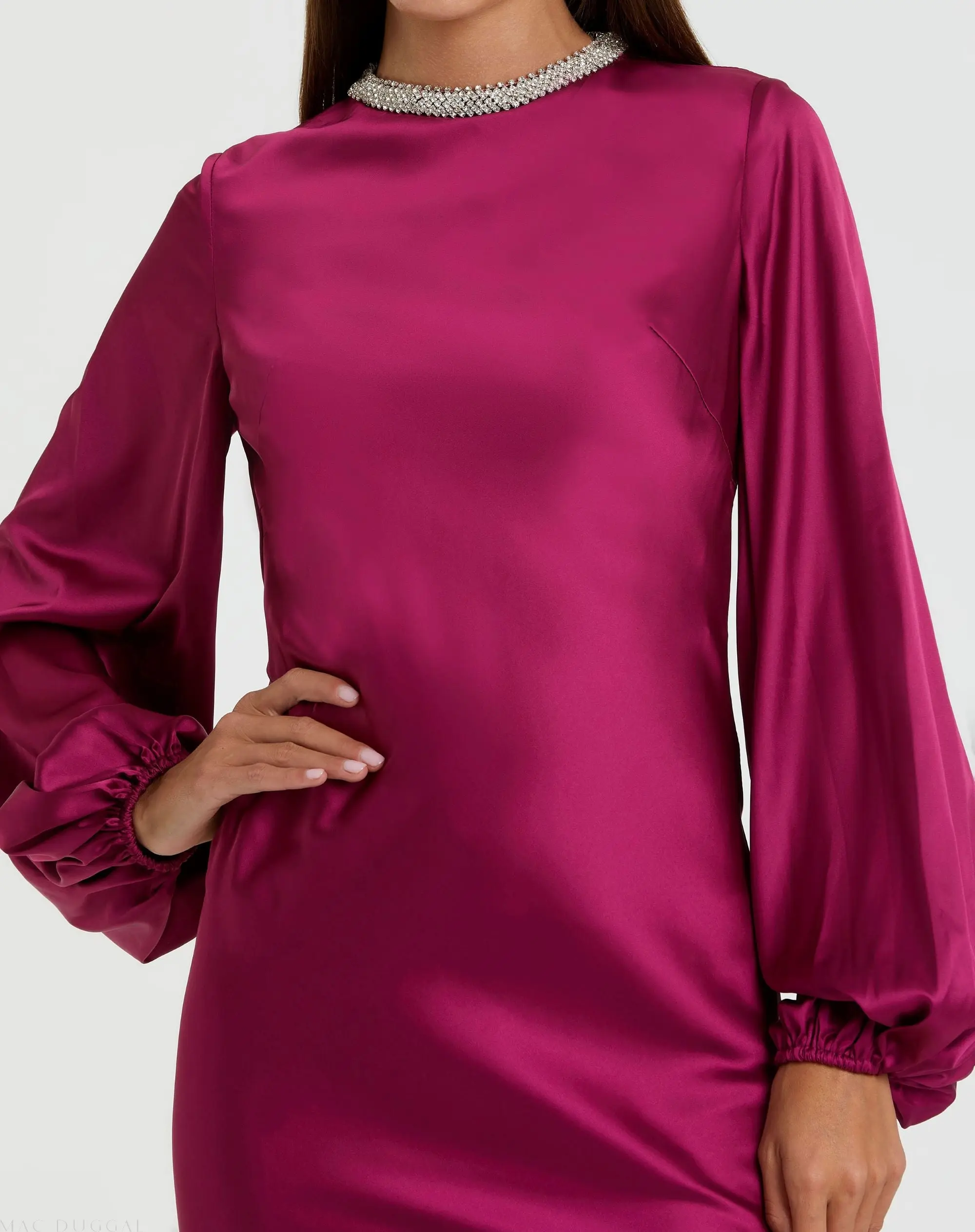 Purple Beaded High Neck Bishop Sleeve Satin Gown - Image 2