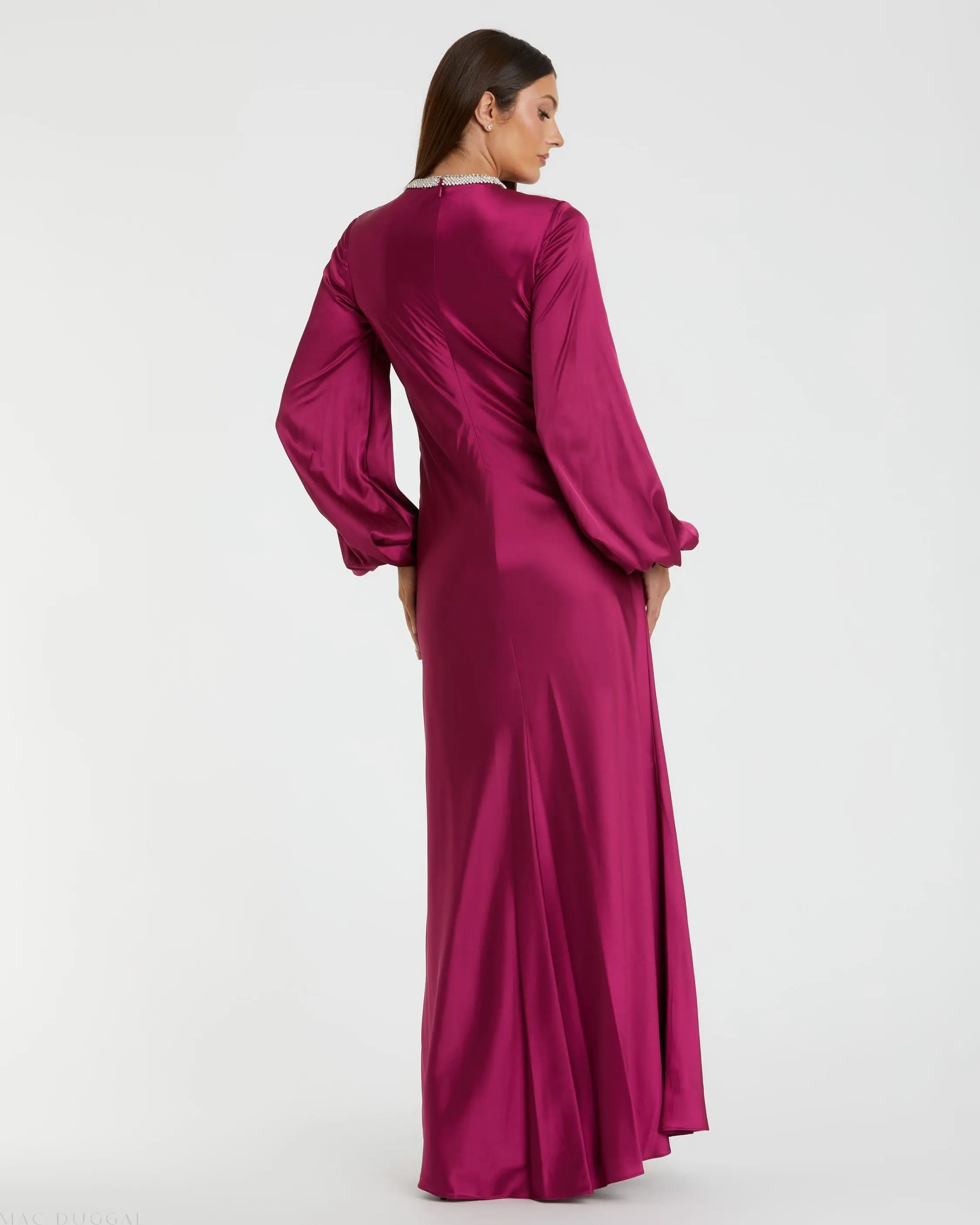 Purple Beaded High Neck Bishop Sleeve Satin Gown - Image 3