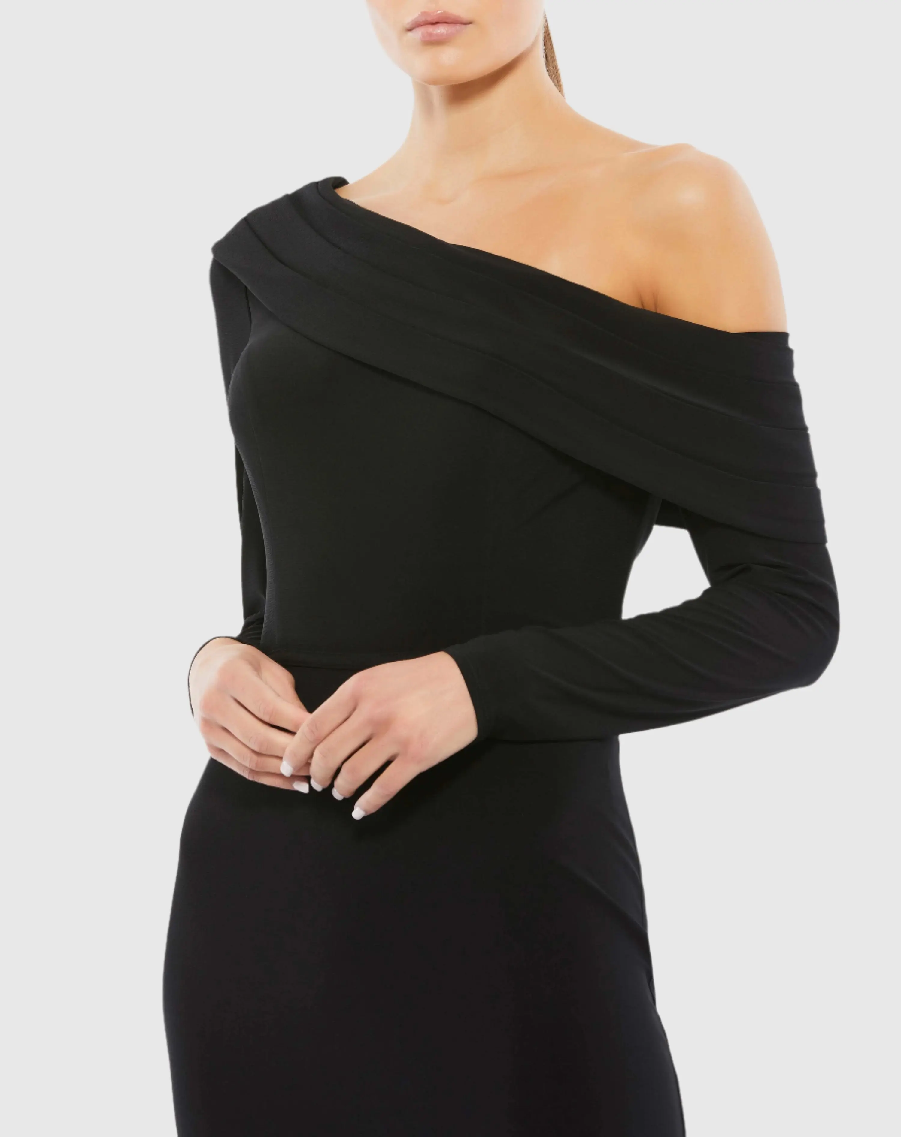 Black Drop Shoulder Long Sleeve Column Gown - Image 2