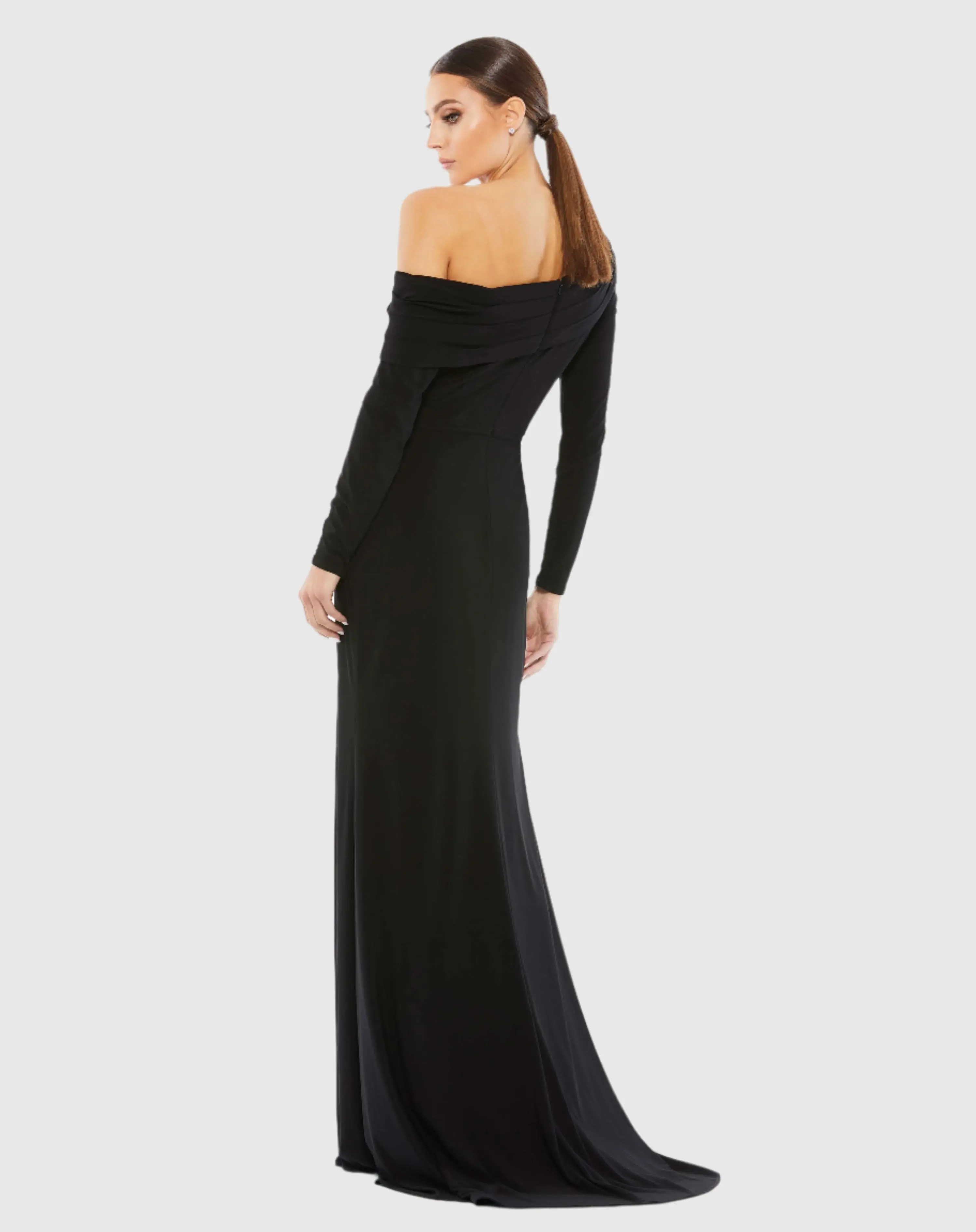 Black Drop Shoulder Long Sleeve Column Gown - Image 3