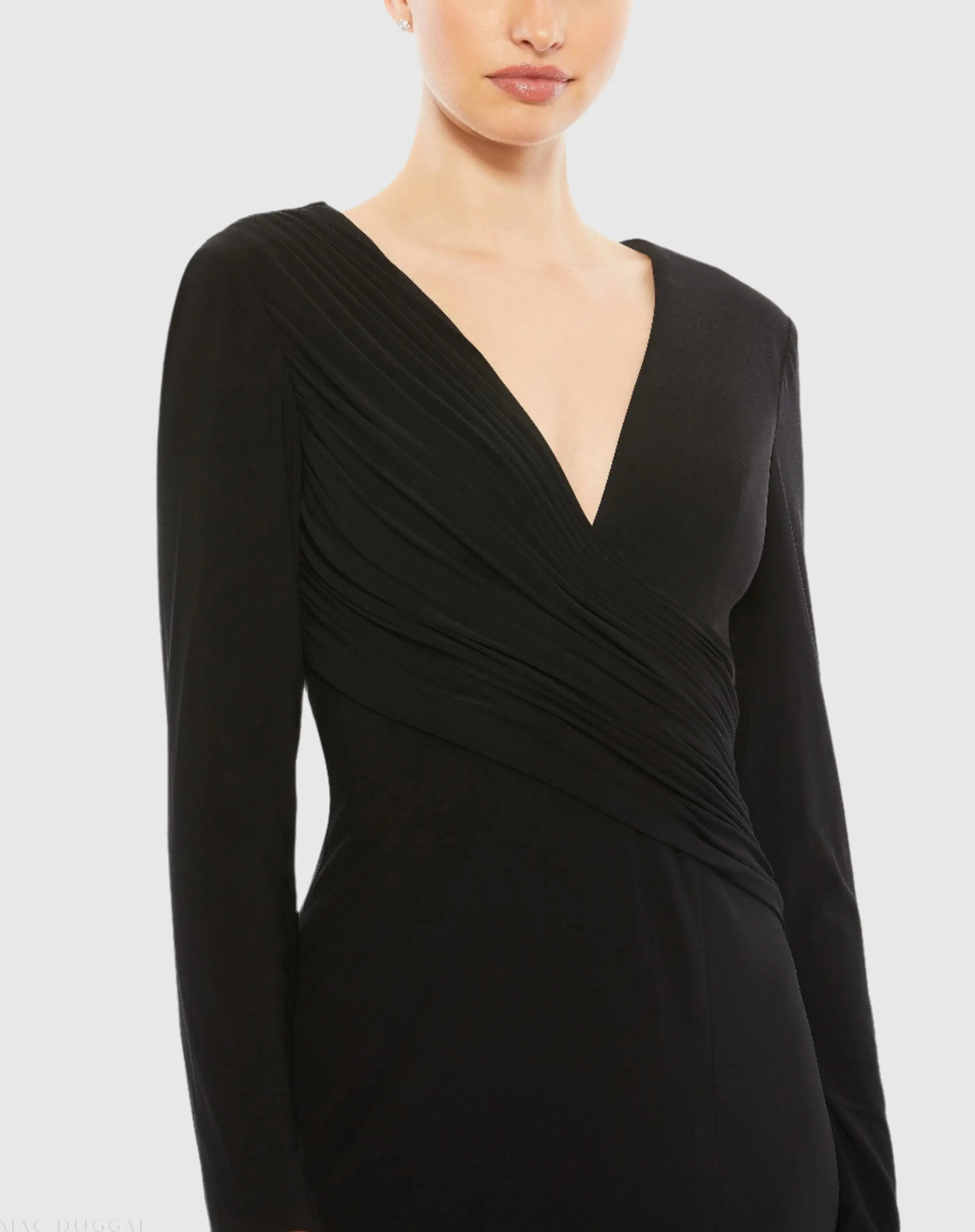 Black Jersey Long Sleeve Asymmetrical Ruched Gown - Image 2