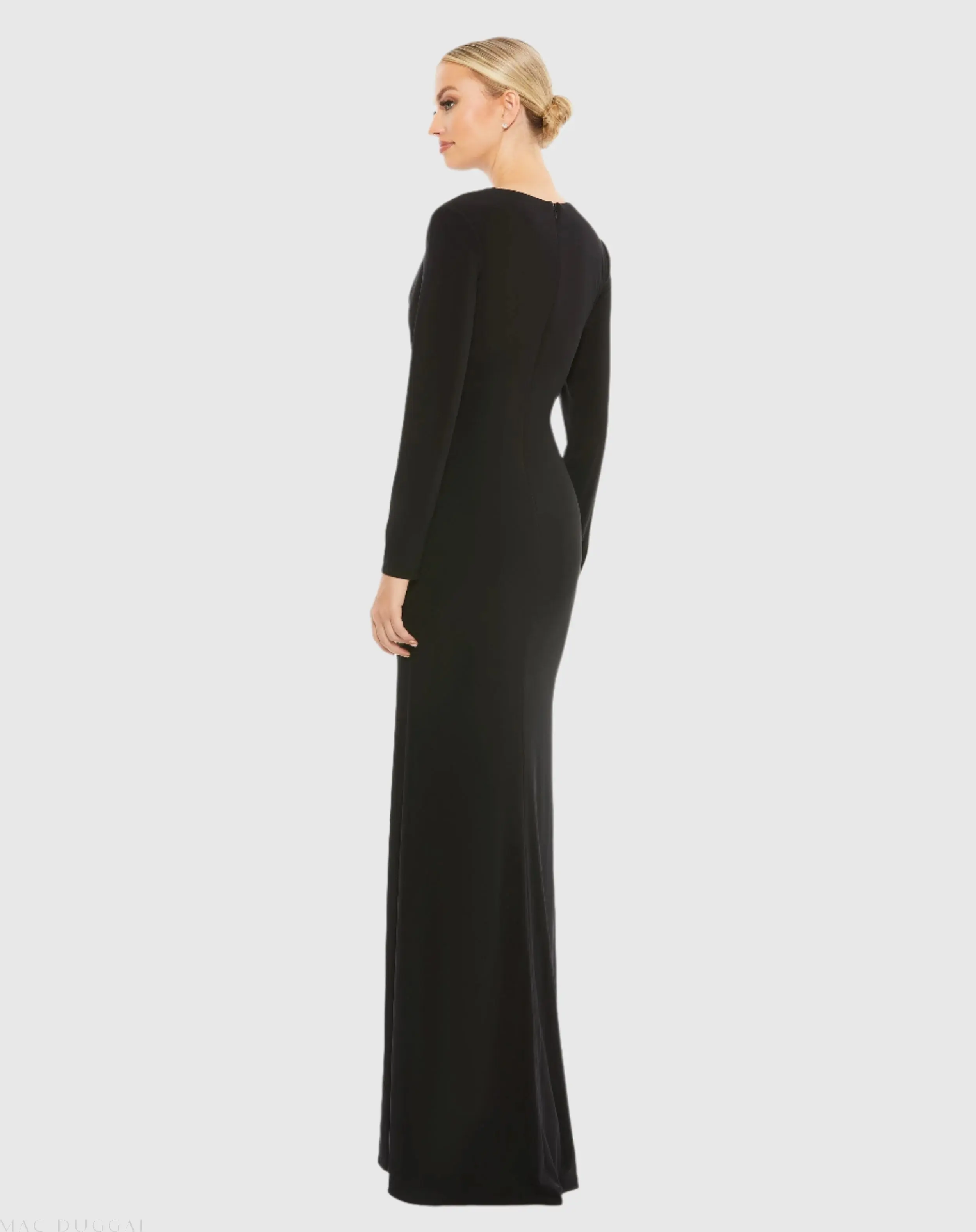 Black Jersey Long Sleeve Asymmetrical Ruched Gown - Image 3
