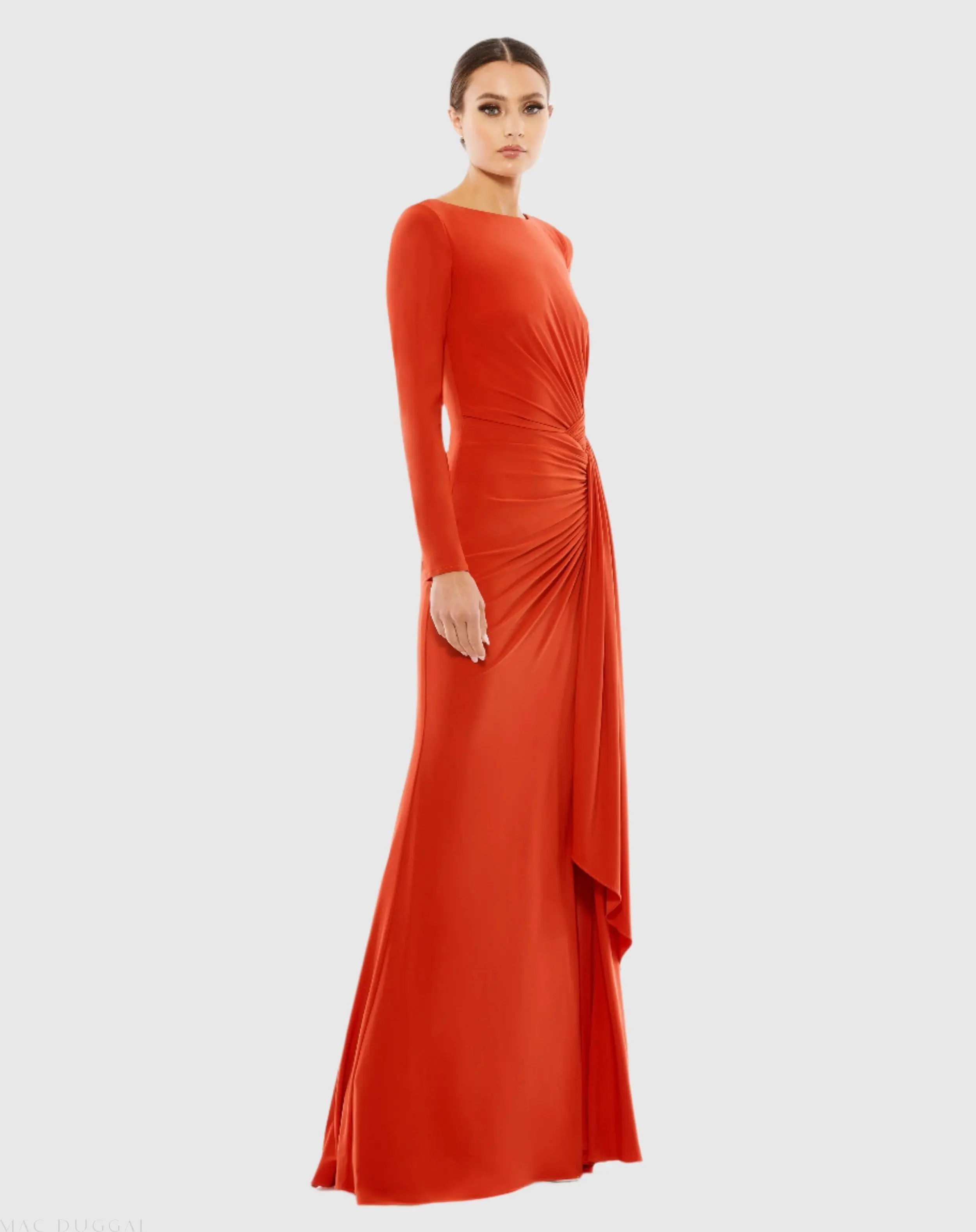 Orange Ruched Long Sleeve Boat Neck Gown - Image 3
