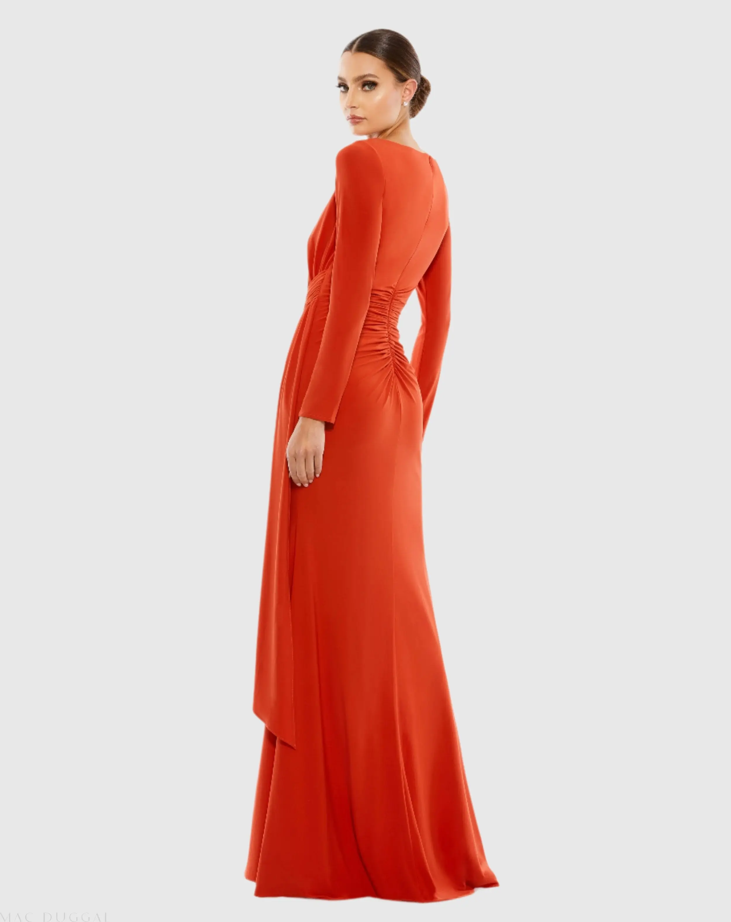Orange Ruched Long Sleeve Boat Neck Gown - Image 4