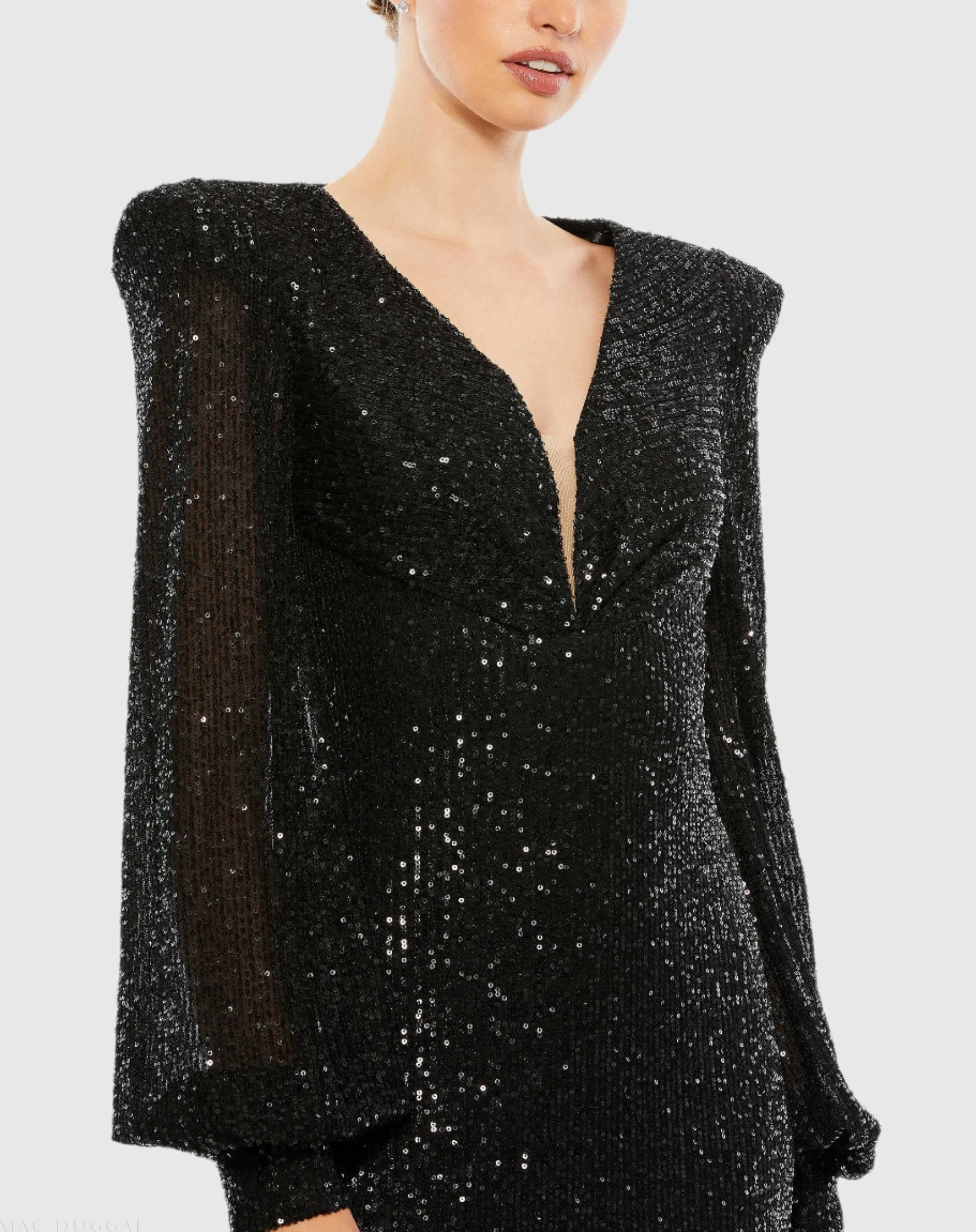Black Sequined Plunge Neck Structured Bishop Sleeve Gown - Image 2