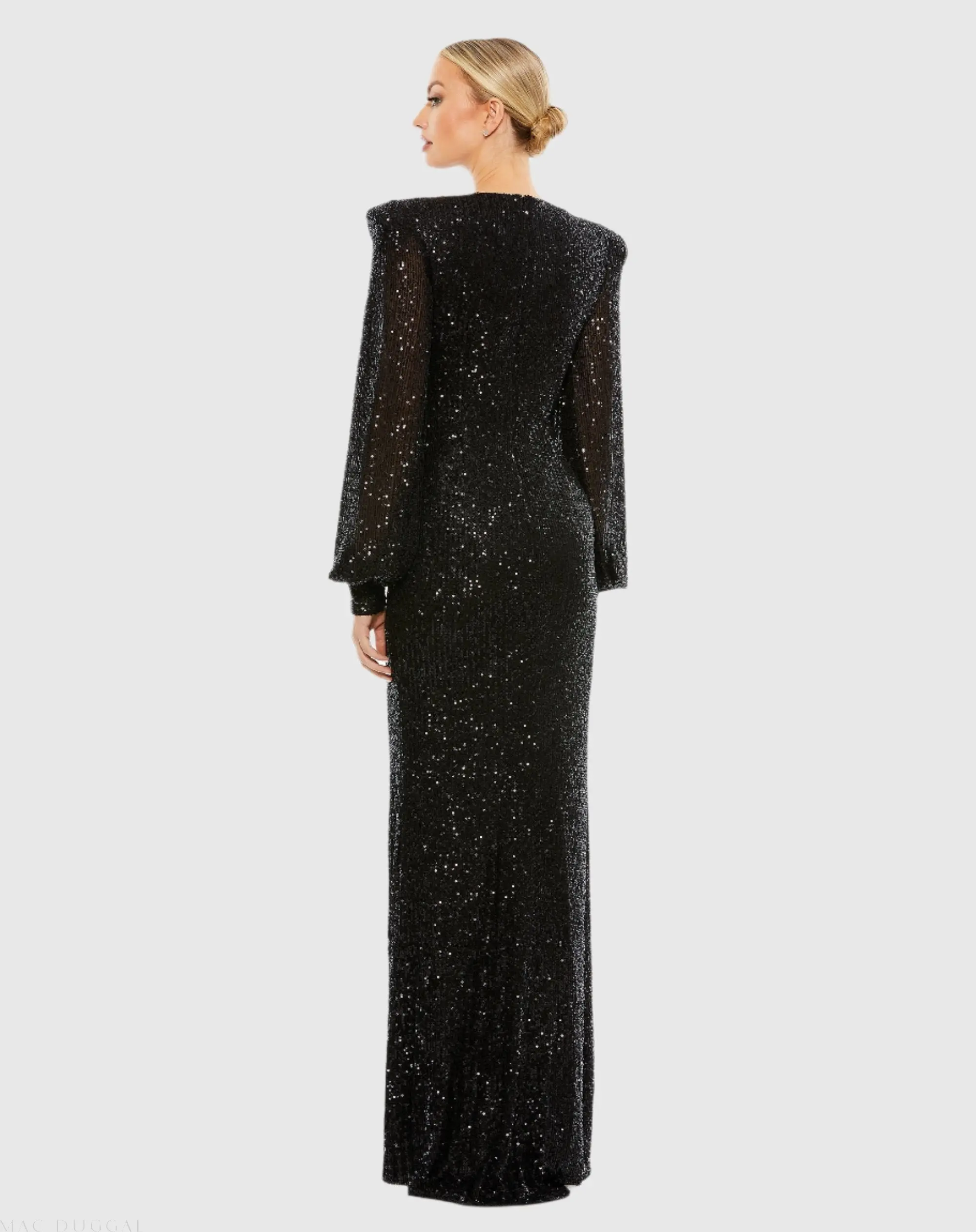 Black Sequined Plunge Neck Structured Bishop Sleeve Gown - Image 3