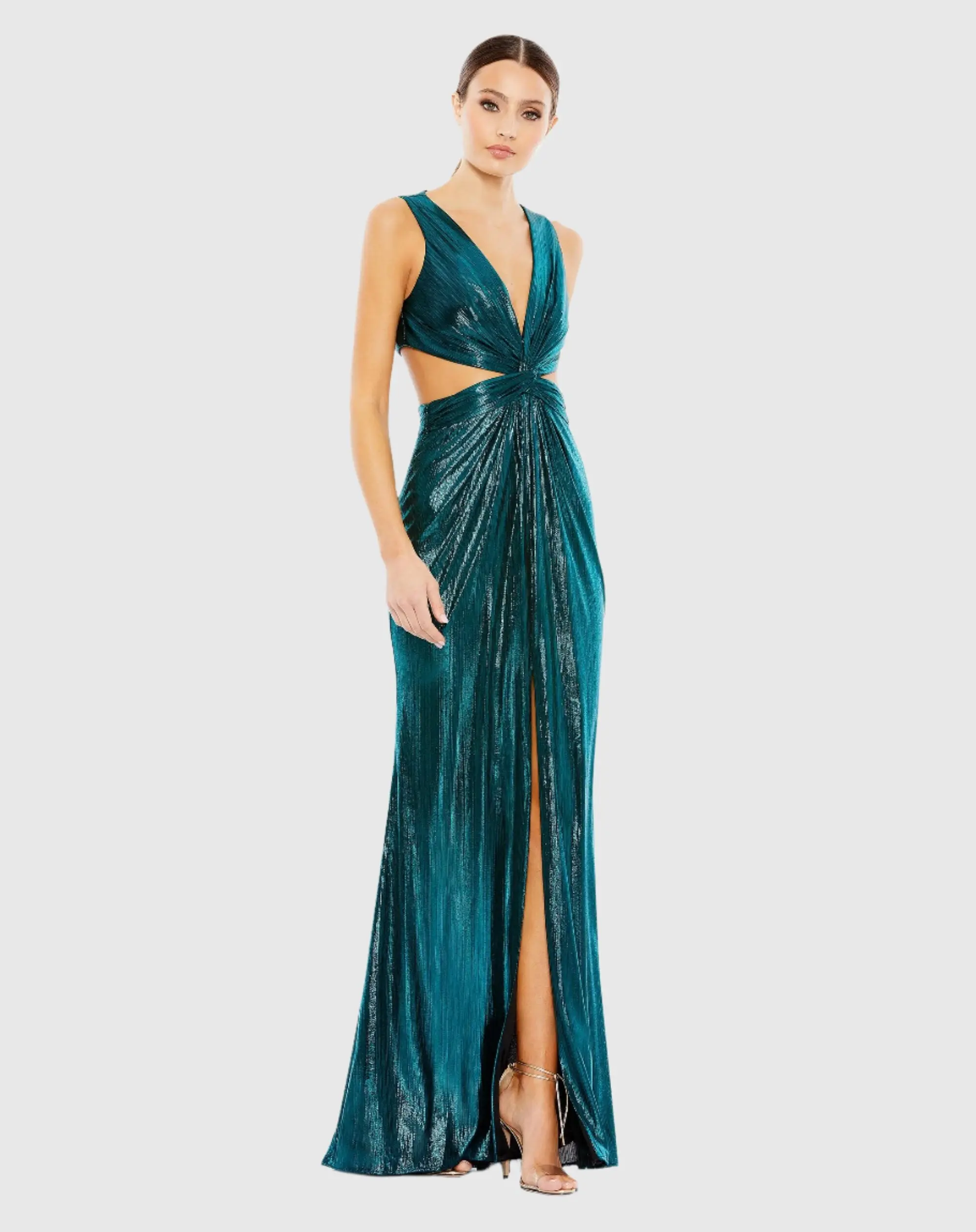 Teal Metallic Cut Out Gown with High Slit - FINAL SALE