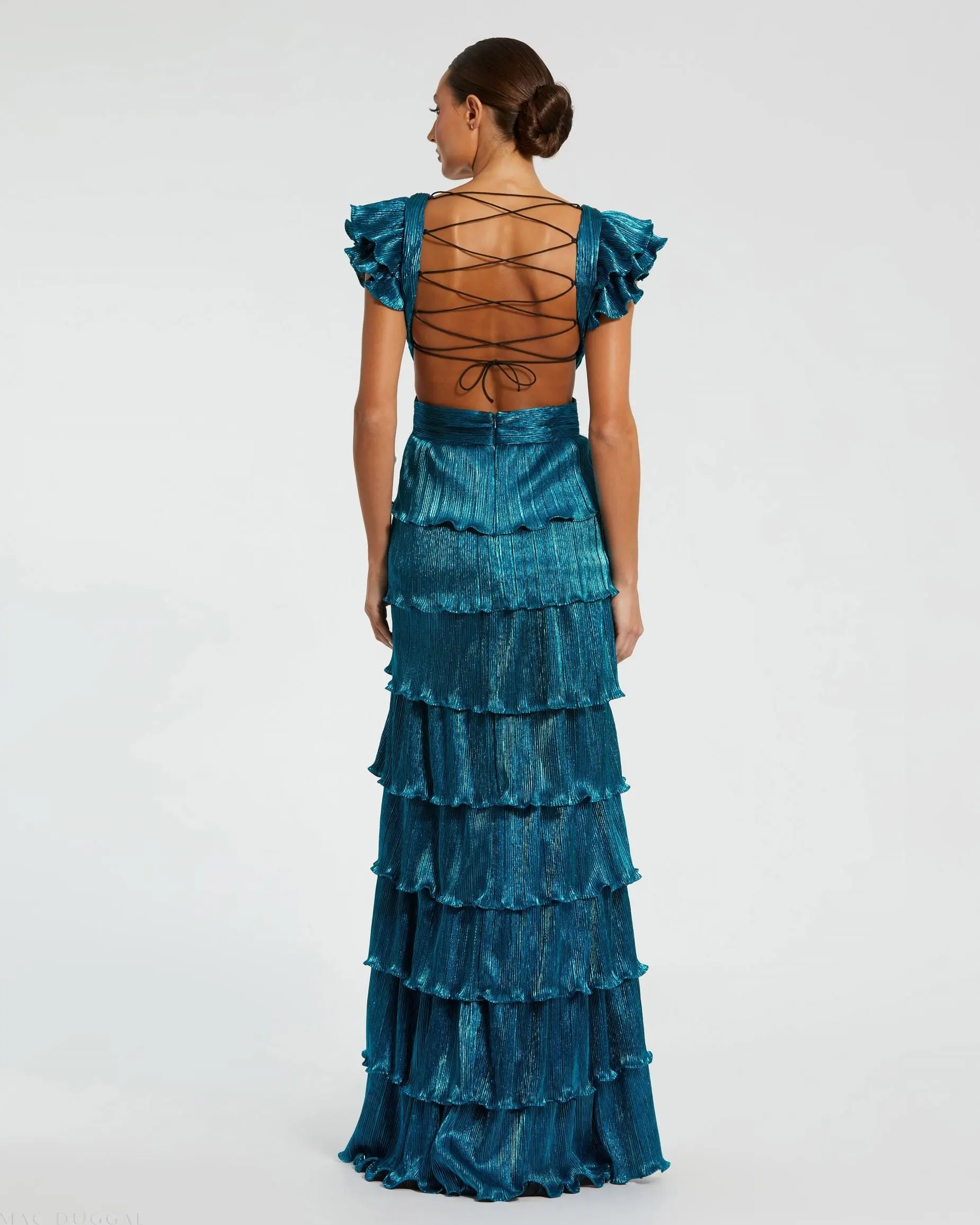 Blue Ruffle Tiered Criss Cross Lace Up Gown - Image 2