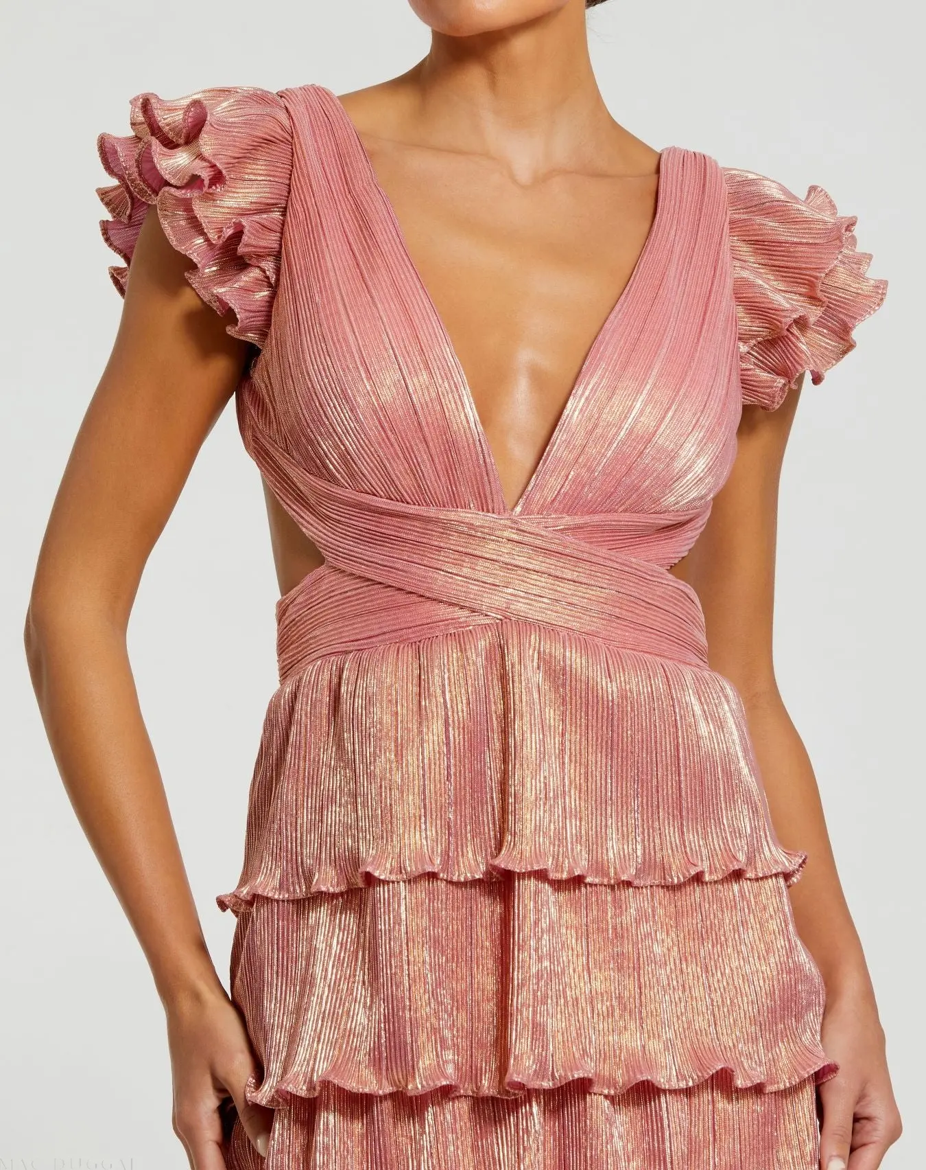 Pink Ruffle Tiered Criss Cross Lace Up Gown - Image 3