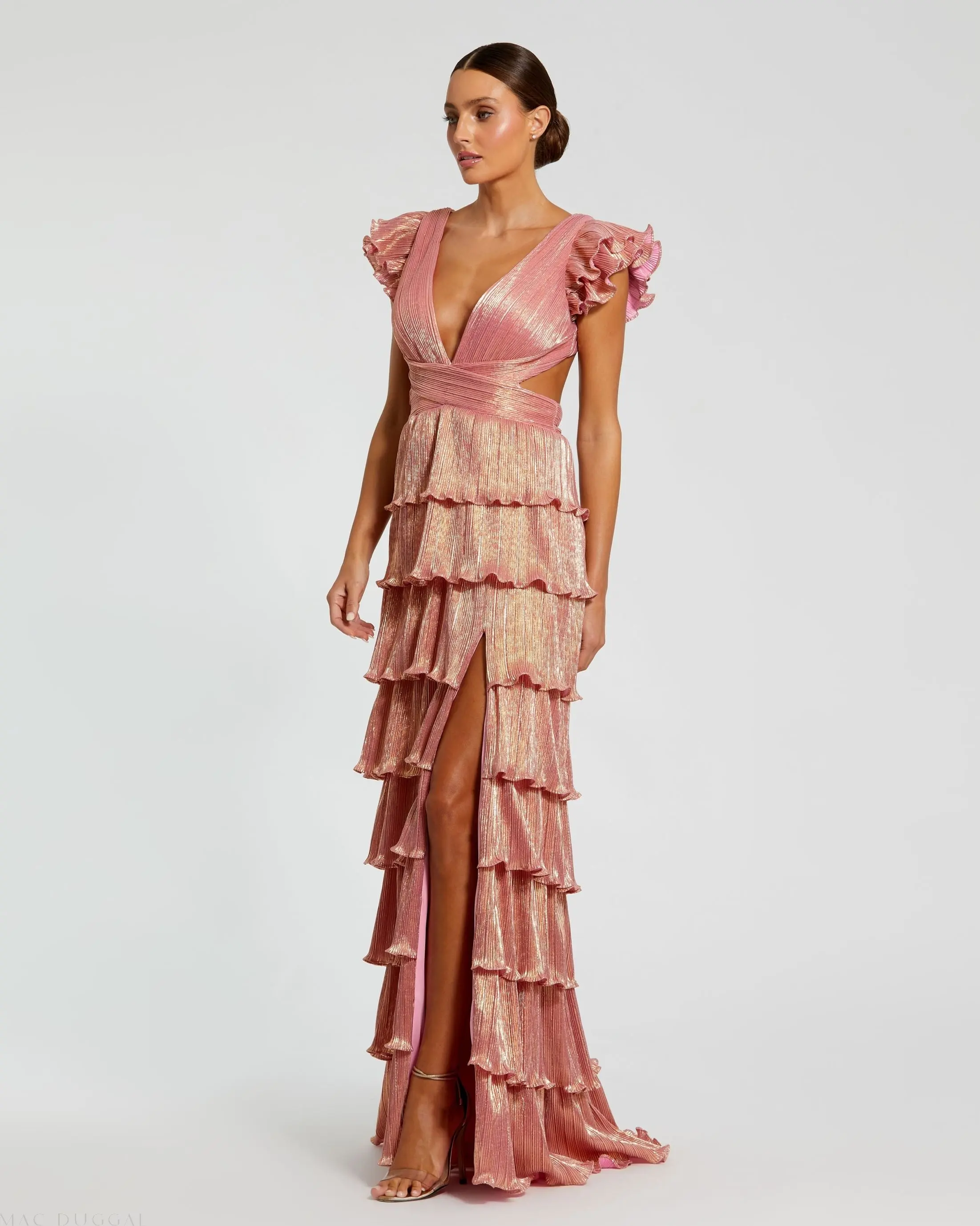 Pink Ruffle Tiered Criss Cross Lace Up Gown - Image 4
