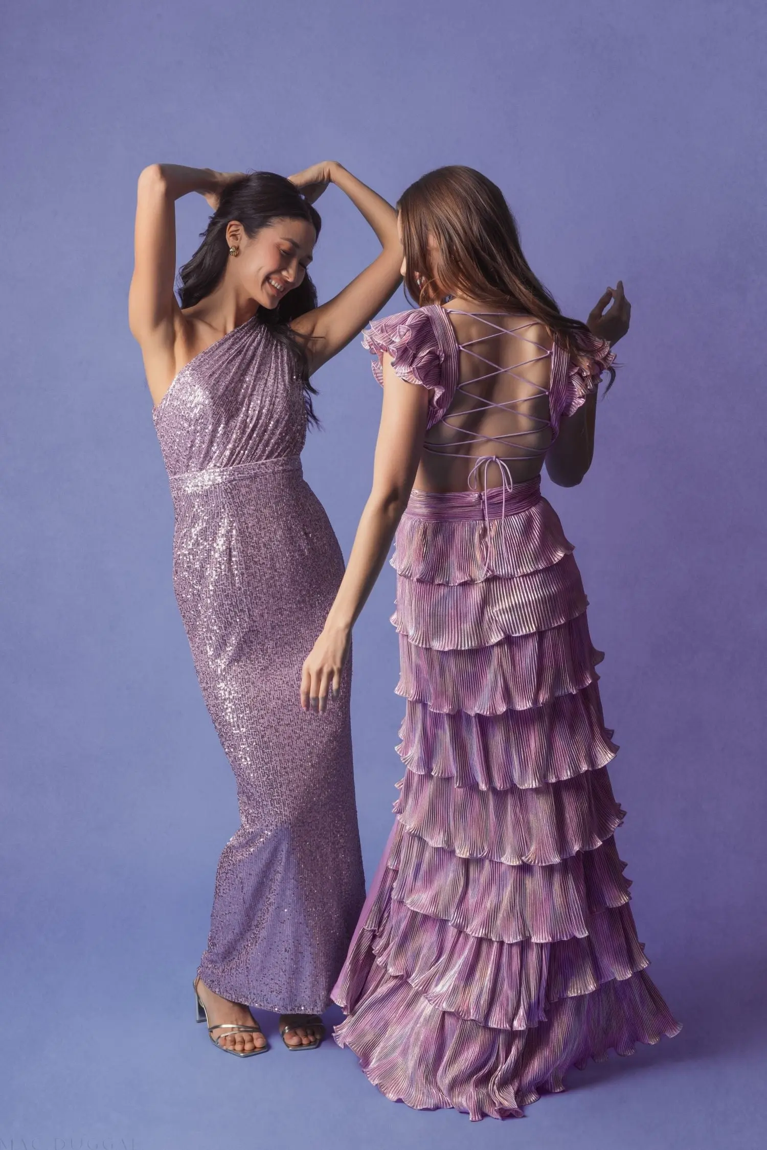 Purple Ruffle Tiered Criss Cross Lace Up Gown - Image 4