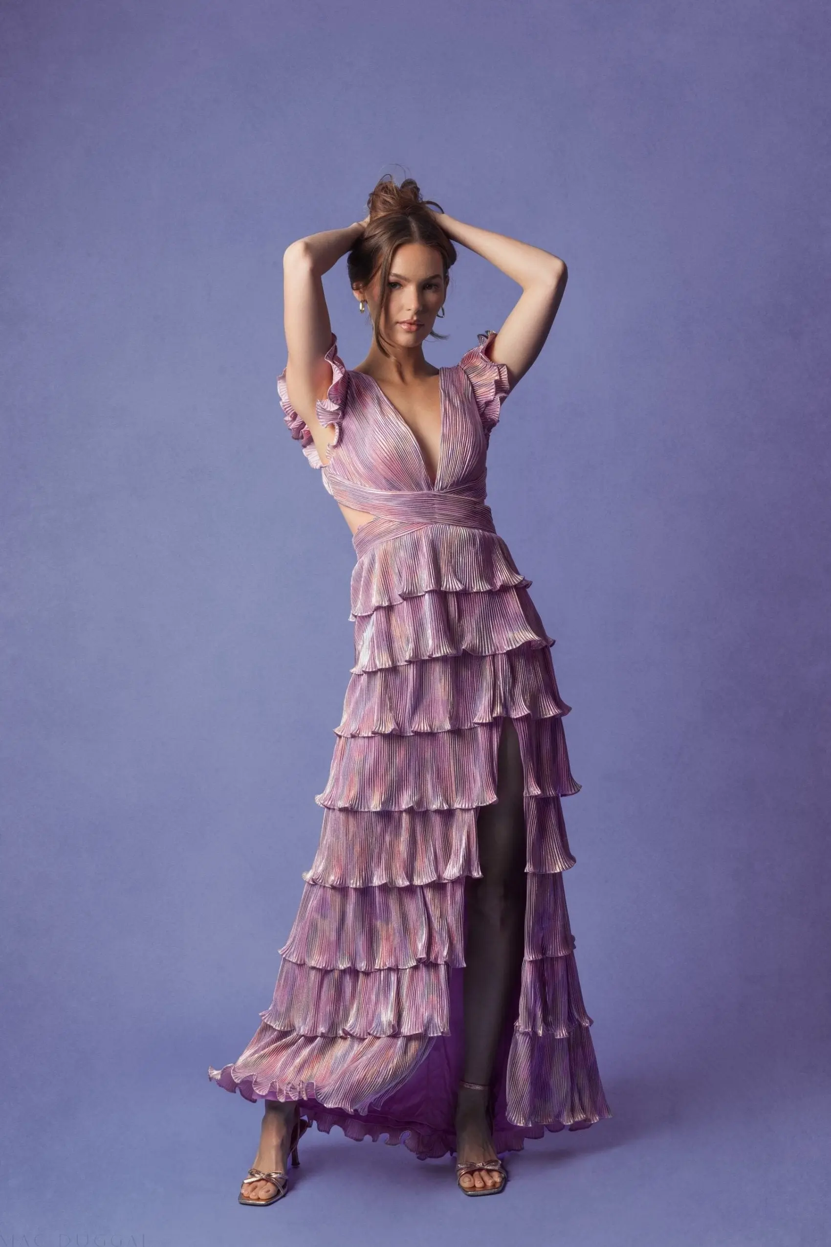 Purple Ruffle Tiered Criss Cross Lace Up Gown - Image 6