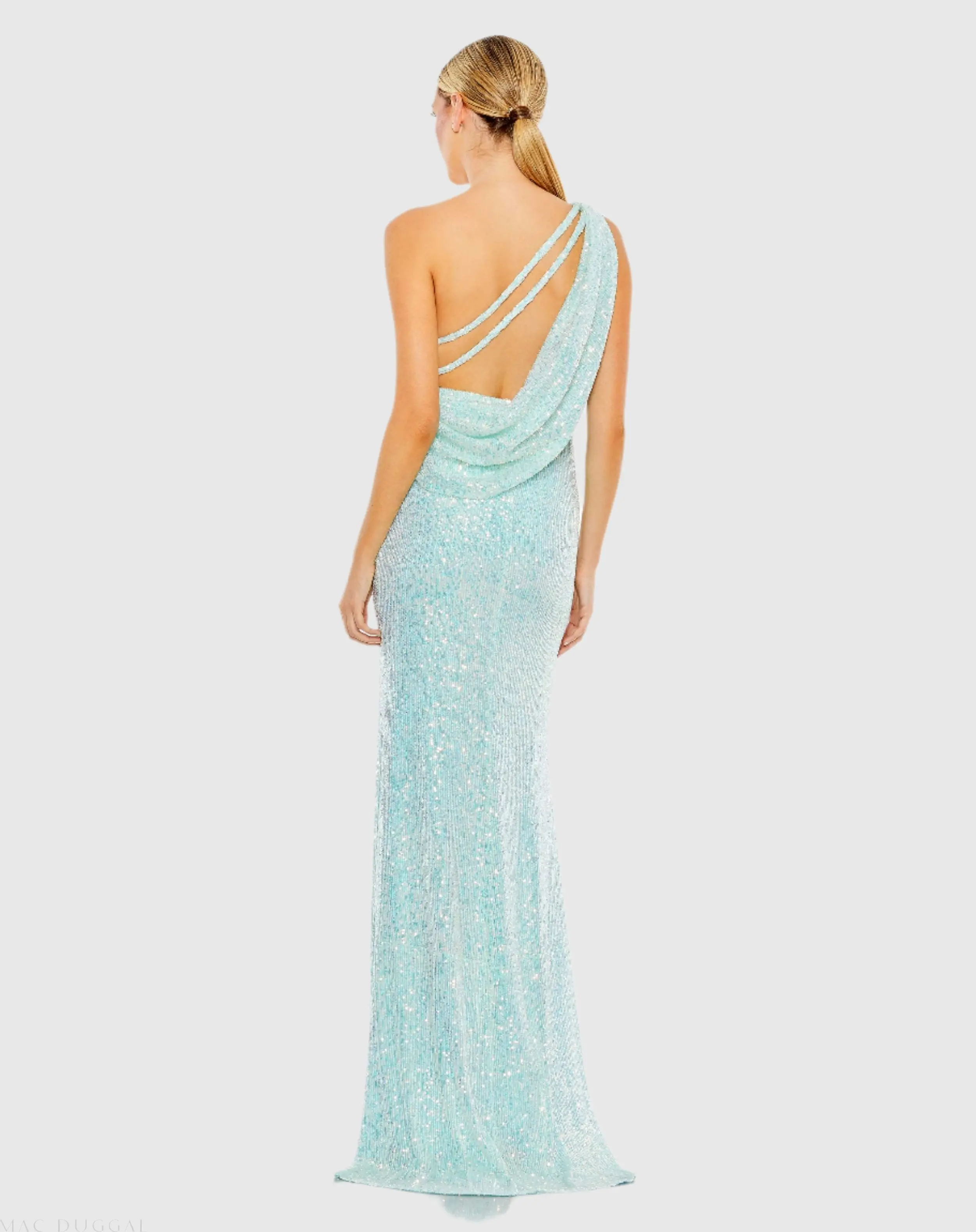 Blue Sequined One Shoulder Draped Back Gown - Image 2