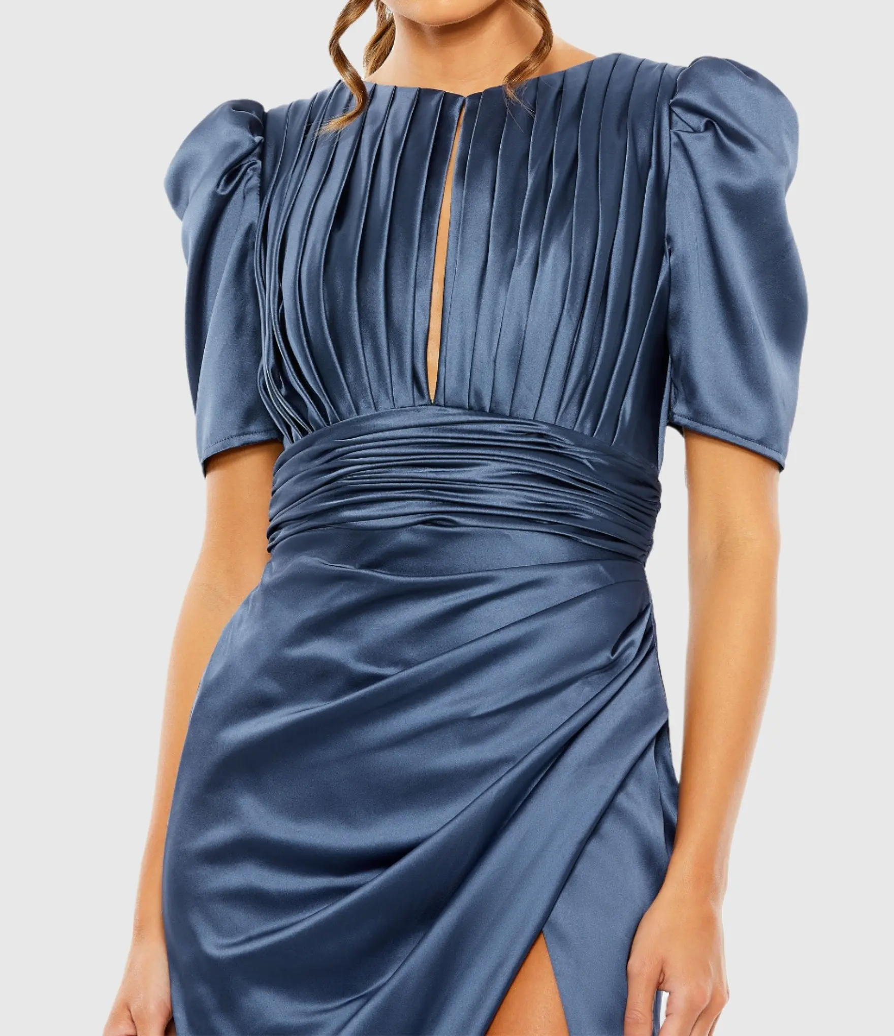 Blue Puff Sleeve Pleated Bodice Draped Gown - Image 2