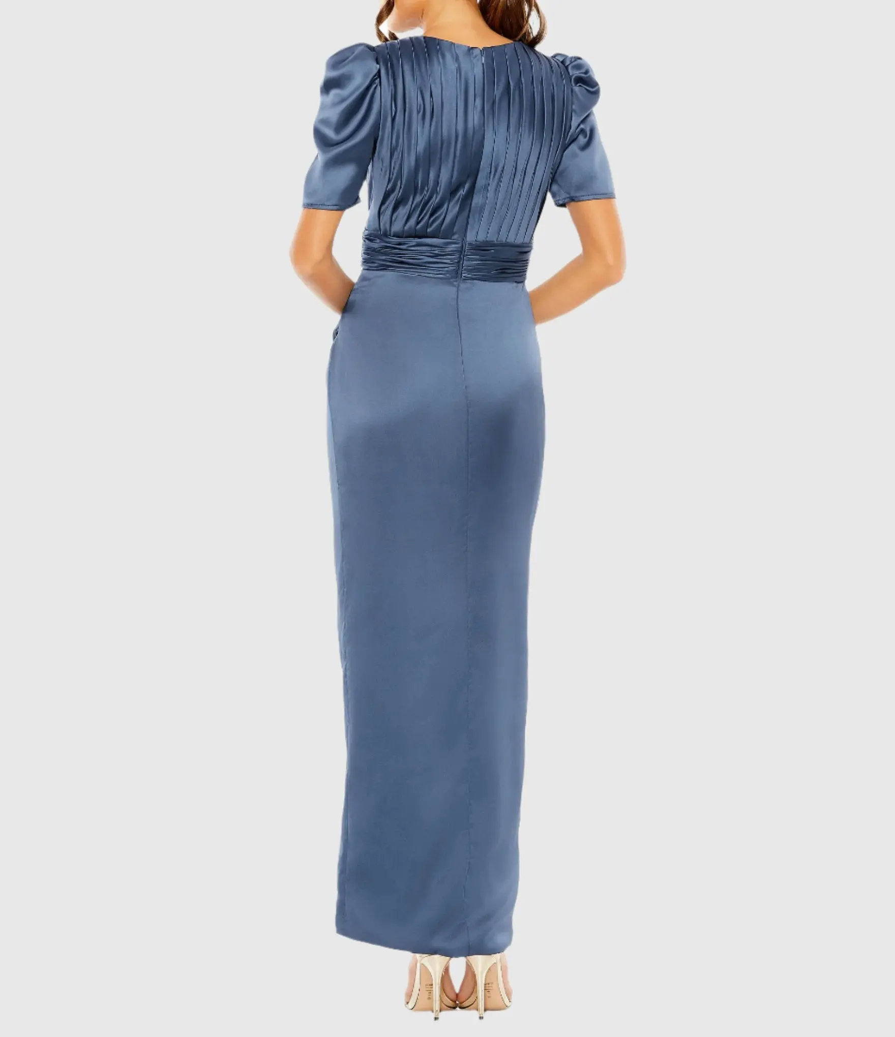 Blue Puff Sleeve Pleated Bodice Draped Gown - Image 3