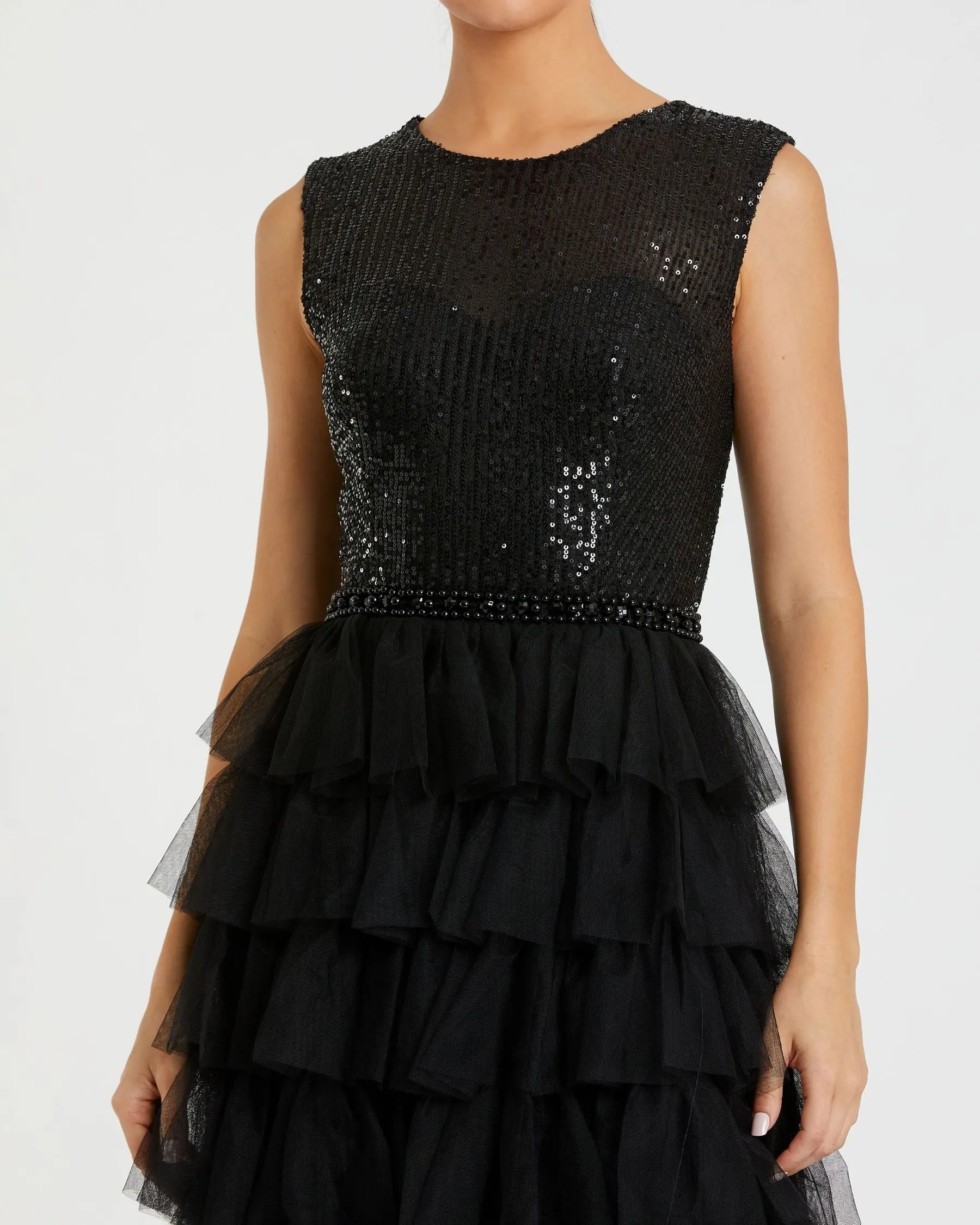 Black Ruffle Tiered High Neck Sequined Gown - Image 2