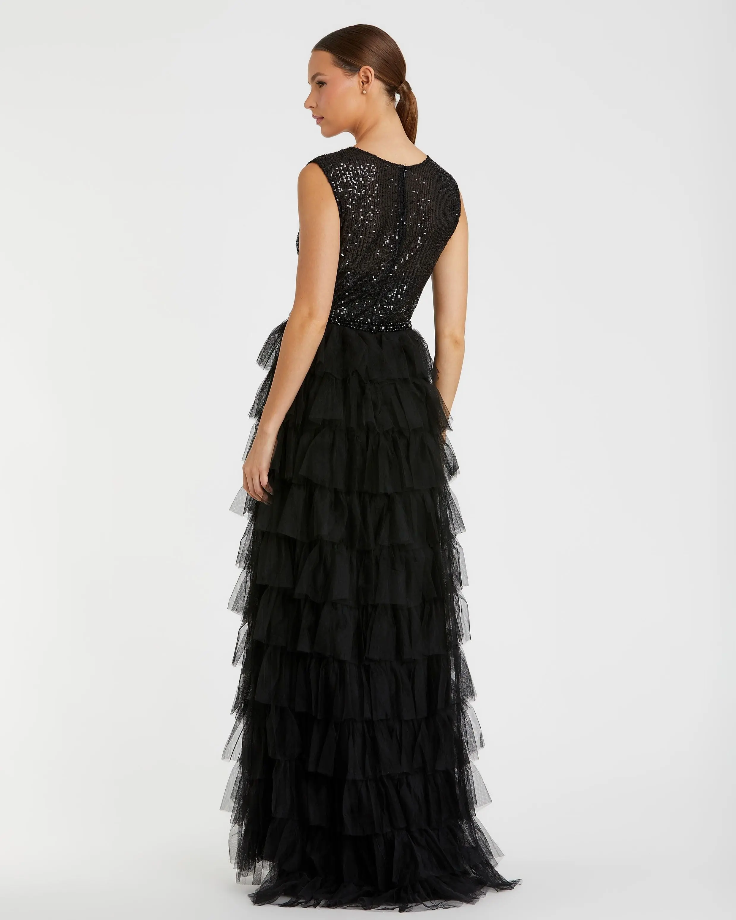 Black Ruffle Tiered High Neck Sequined Gown - Image 3