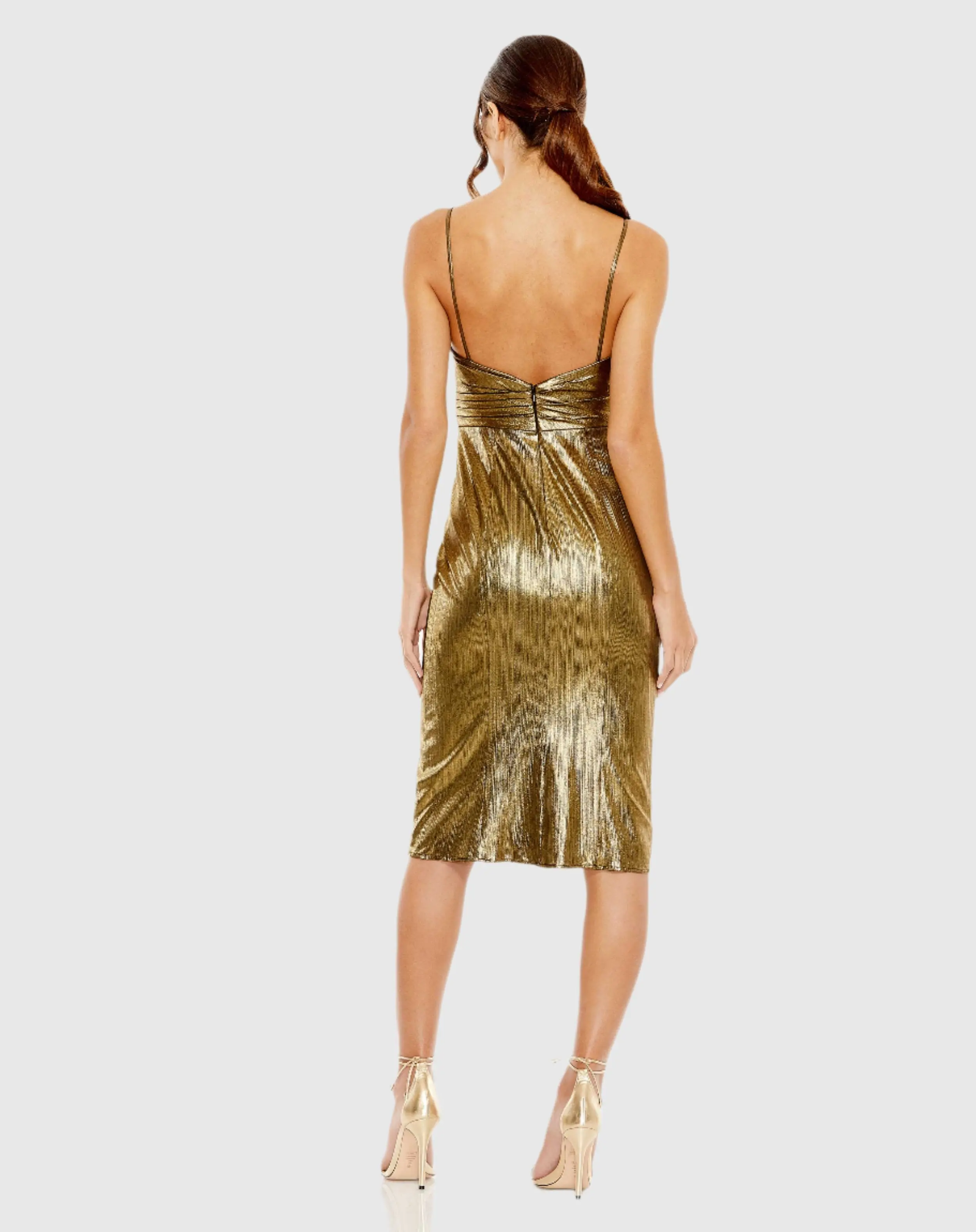 Gold Metallic V Neck Midi Dress - Image 3