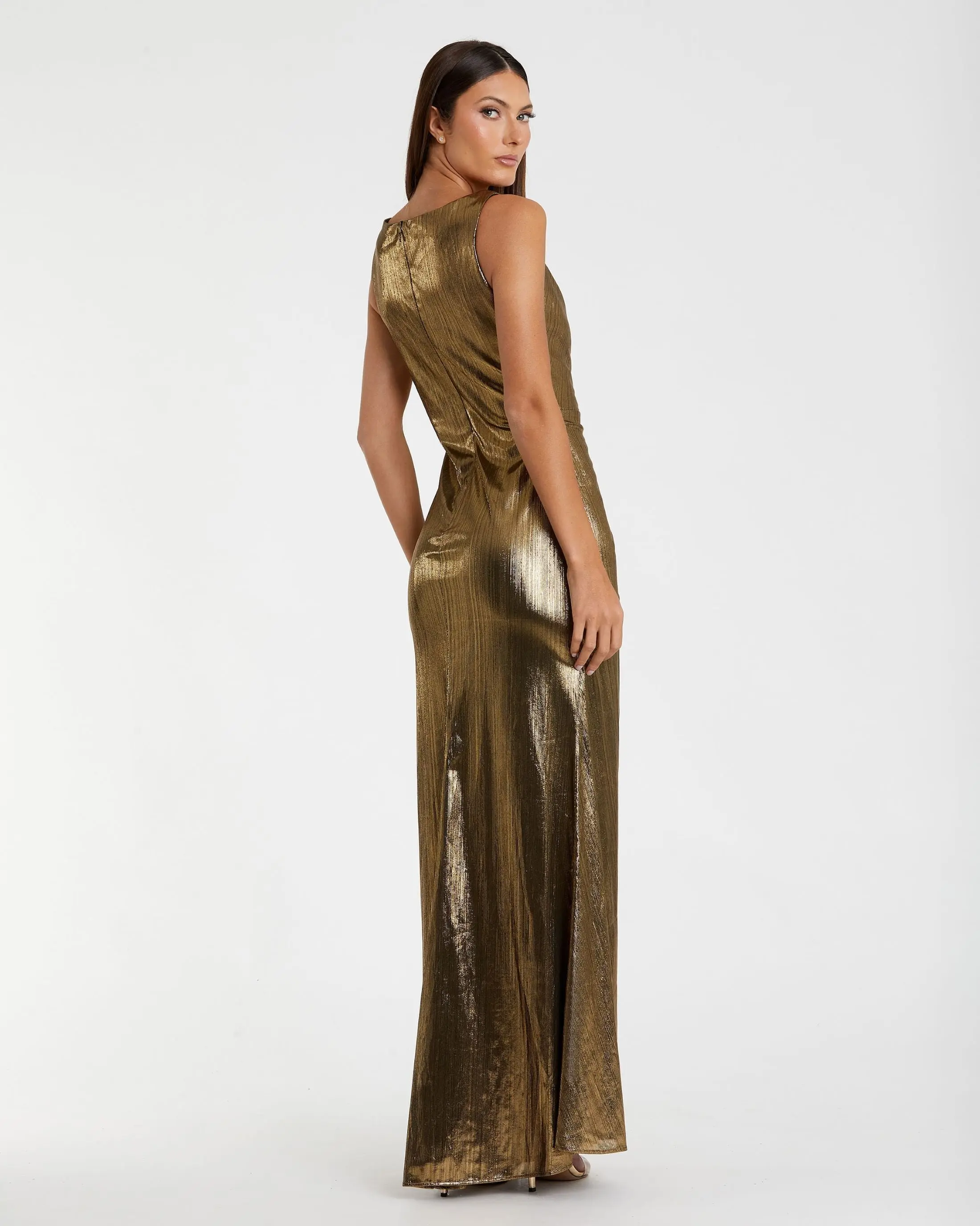 Gold Metallic Ruched Front Slip V-Neck Gown - Image 3