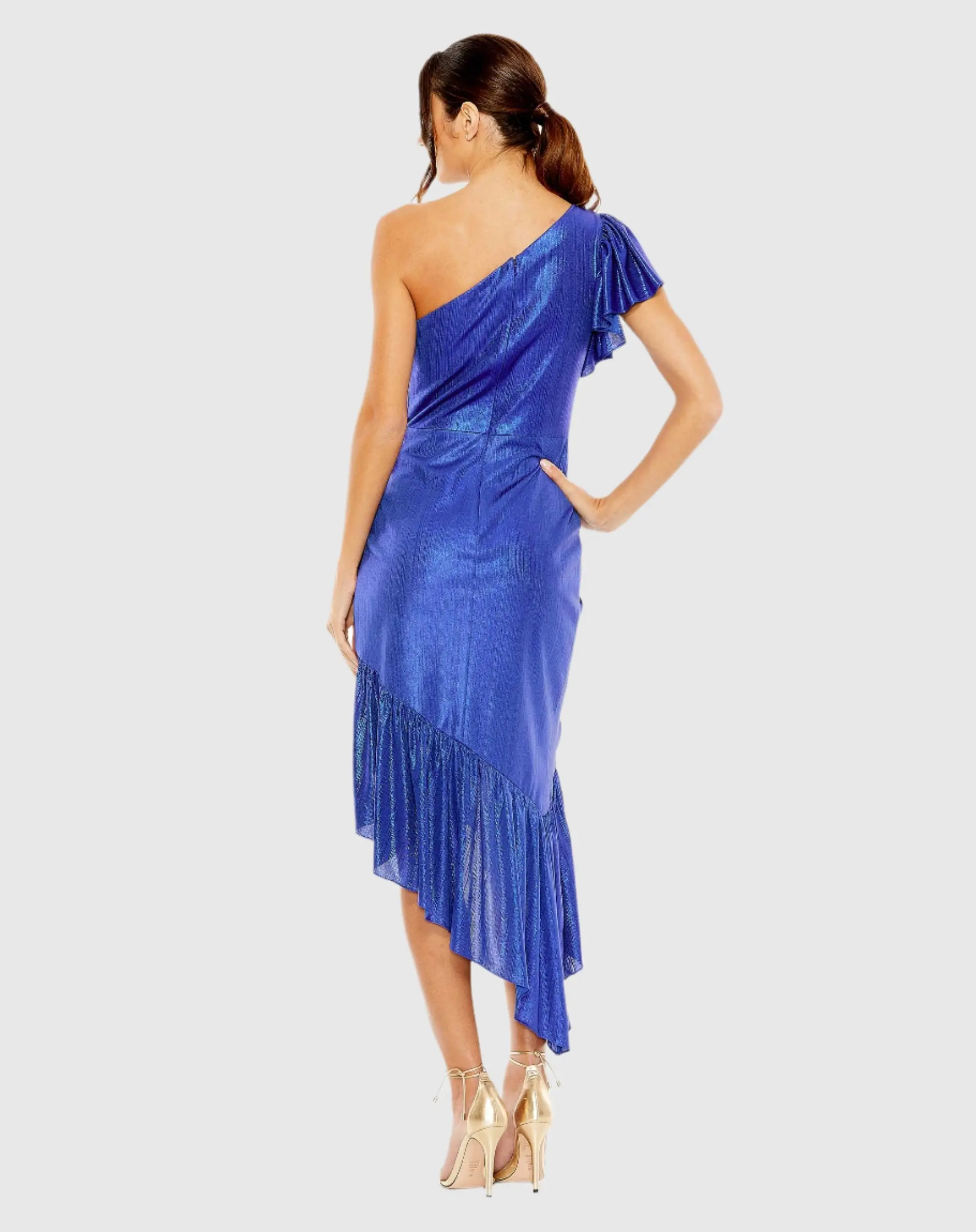 Blue One Shoulder Flutter Sleeve High Low Dress - FINAL SALE - Image 3