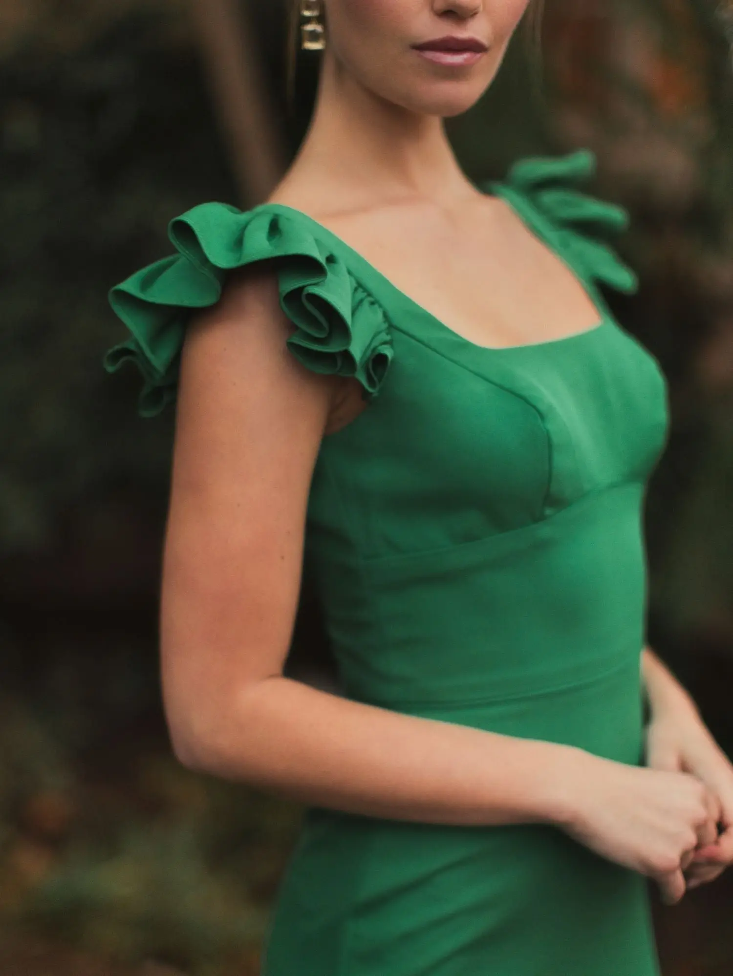 Green Ruffle Cap Sleeve Open Back Column Gown - Image 5