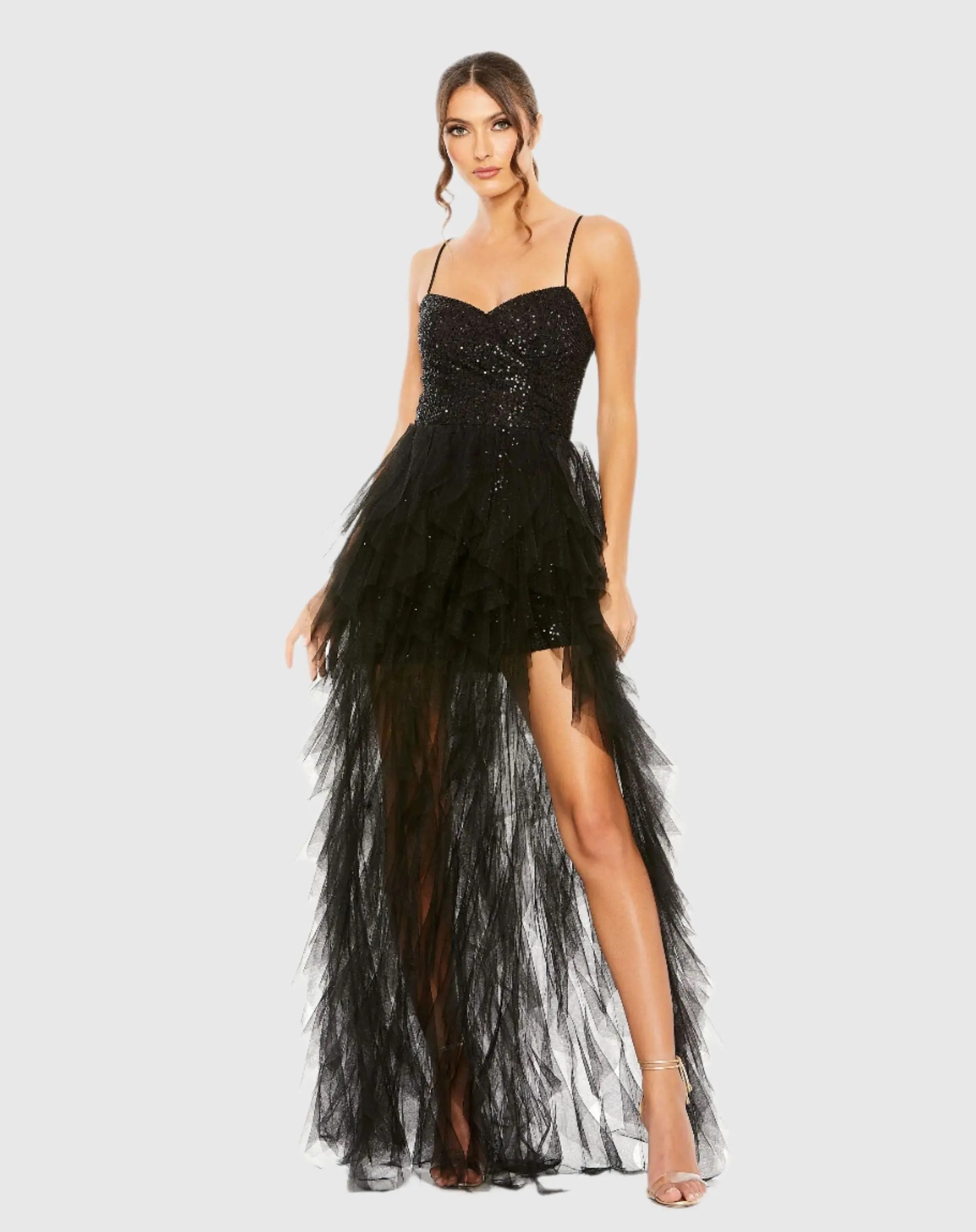 Black Sequin A-Line Dress with High-Low Ruffle Skirt