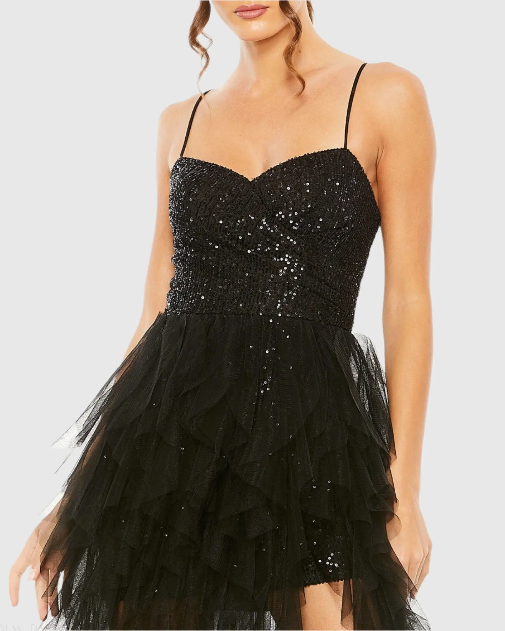 Black Sequin A-Line Dress with High-Low Ruffle Skirt - Image 2