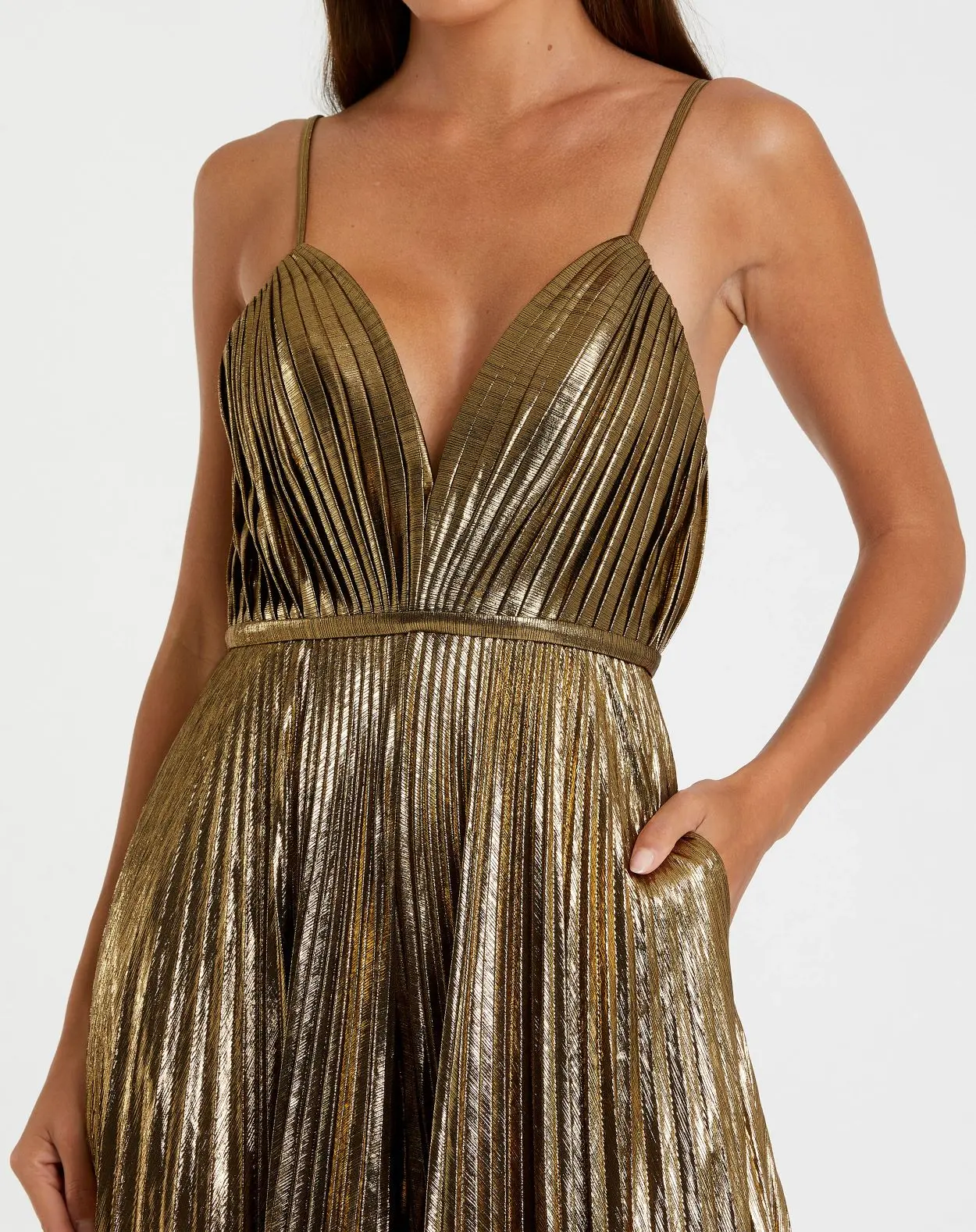 Gold Metallic Pleated V-Neck Jumpsuit - Image 2