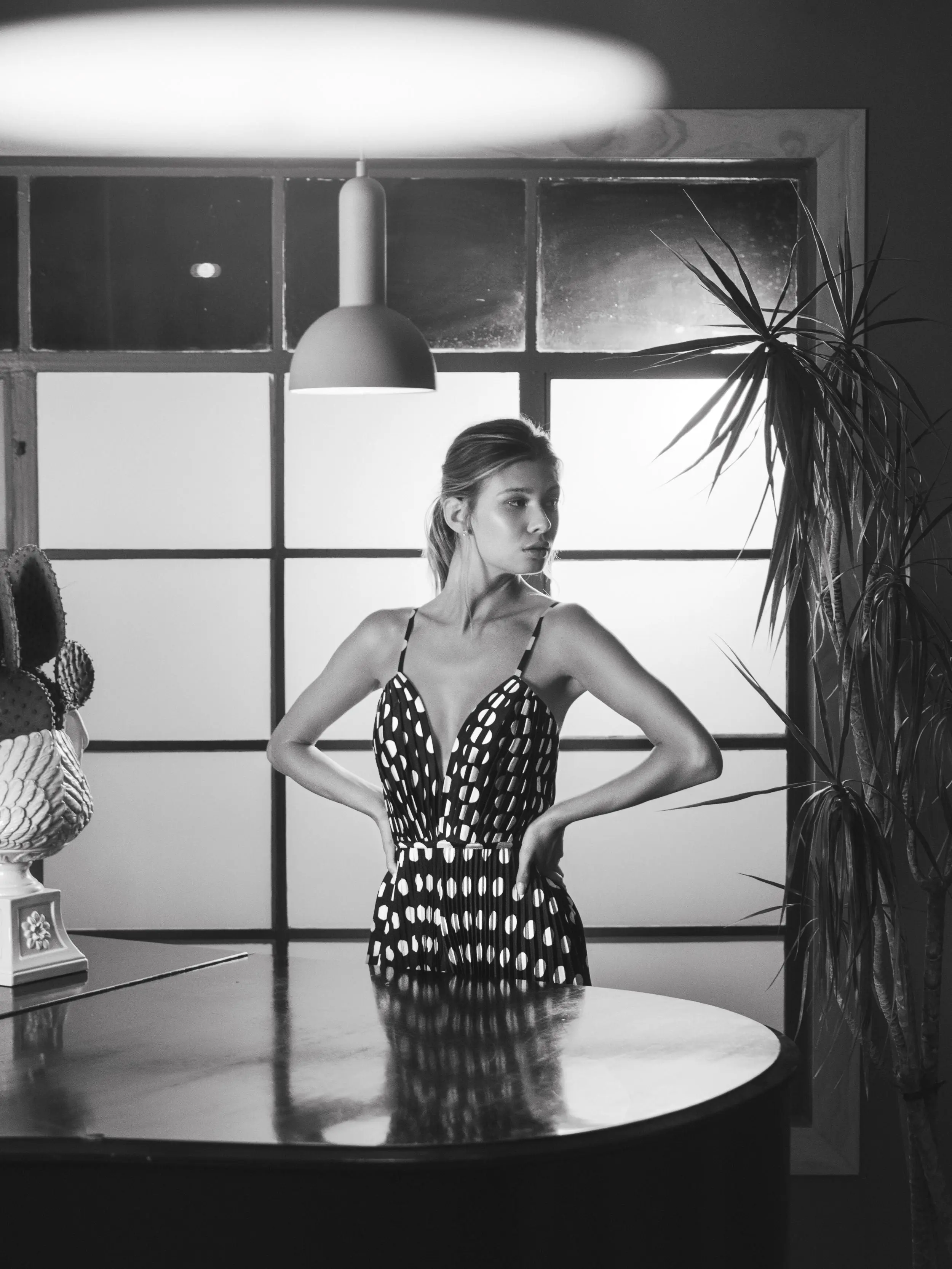 Black Pleated Charmeuse Polka Dot V-Neck Jumpsuit - Image 5
