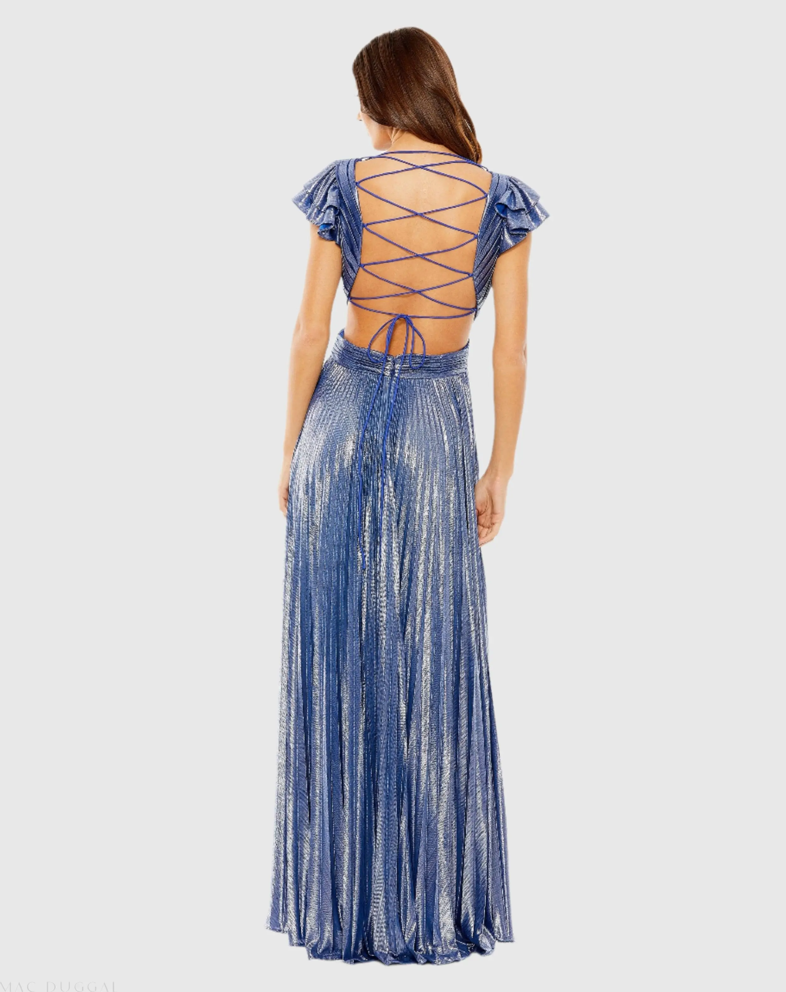 Blue Ruffle Sleeve Cutout Pleated Metallic Gown - FINAL SALE - Image 3