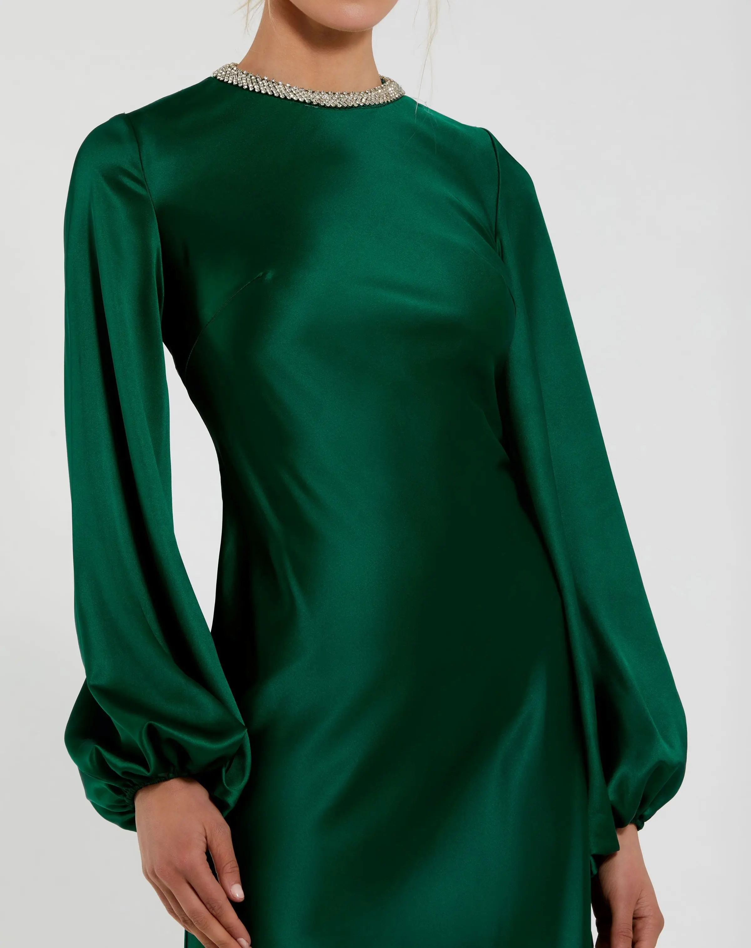 Green High Neck Long Sleeve Crystal Detail Dress - Image 2