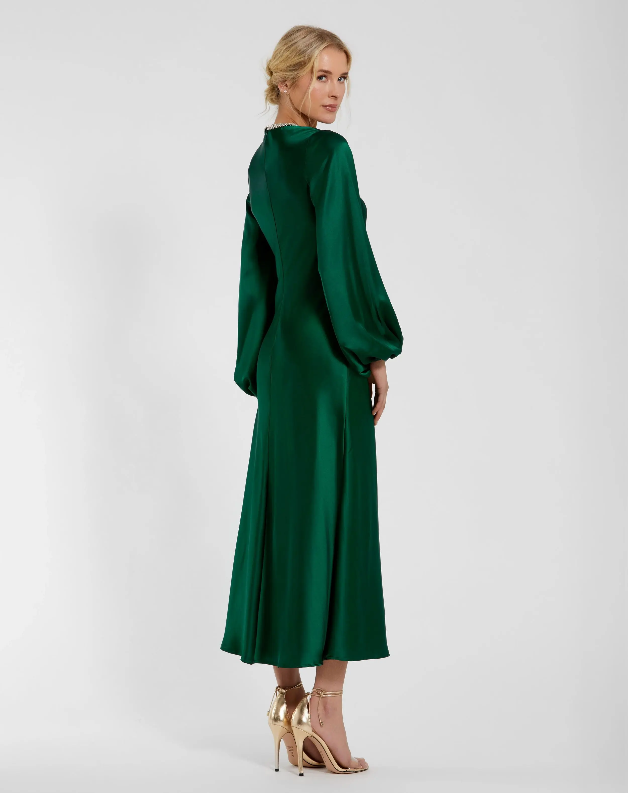 Green High Neck Long Sleeve Crystal Detail Dress - Image 3