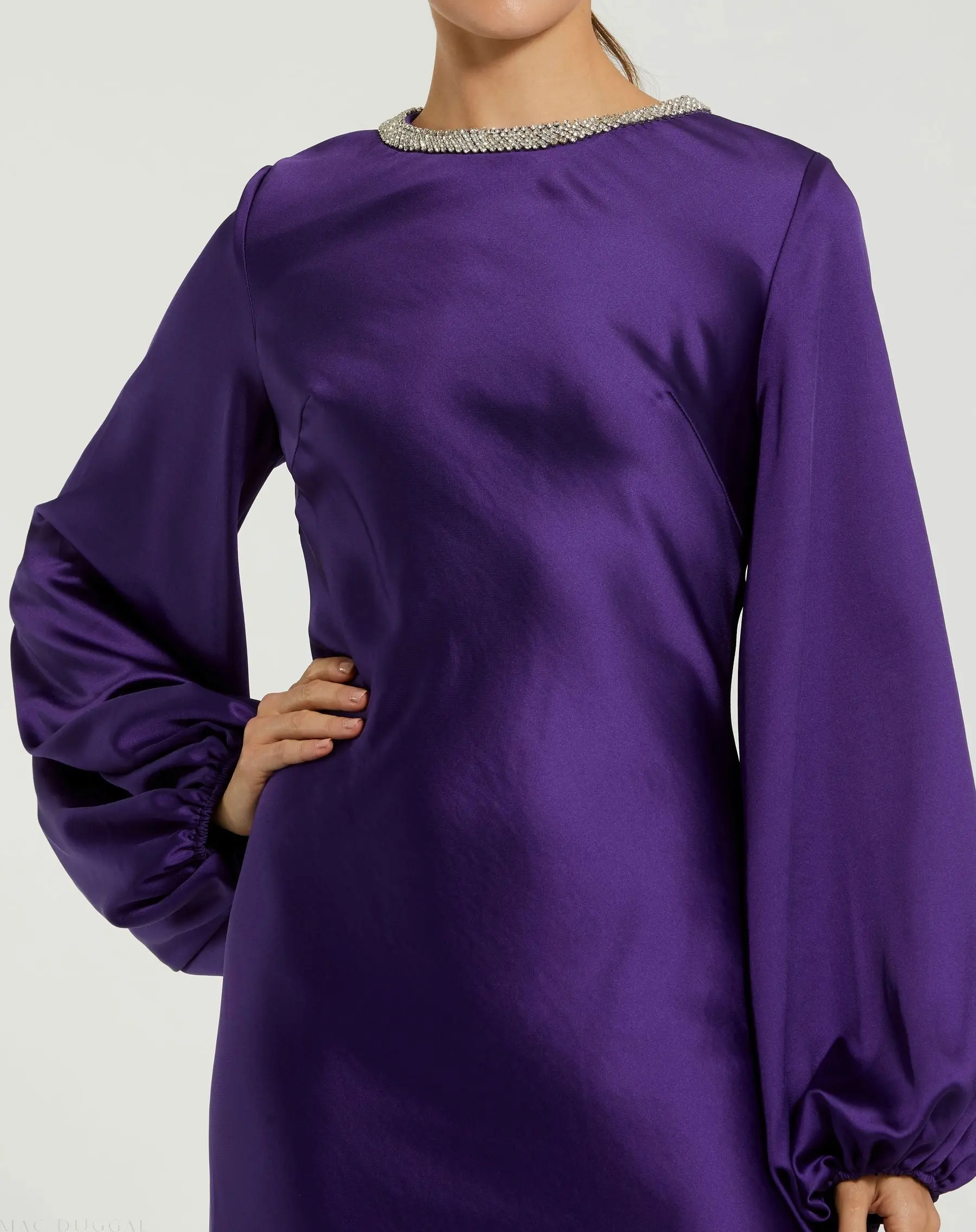Purple High Neck Long Sleeve Crystal Detail Dress - Image 2