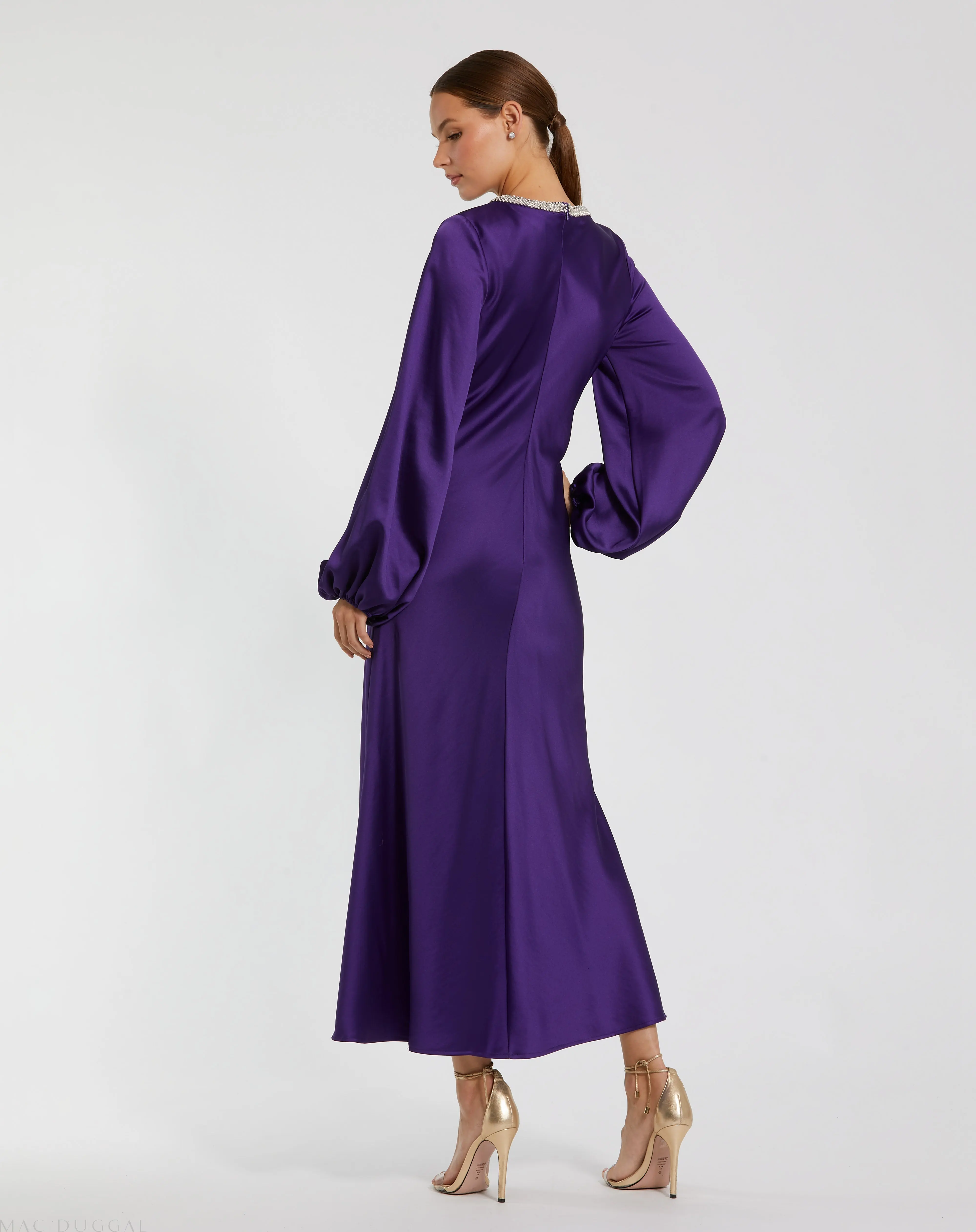 Purple High Neck Long Sleeve Crystal Detail Dress - Image 3