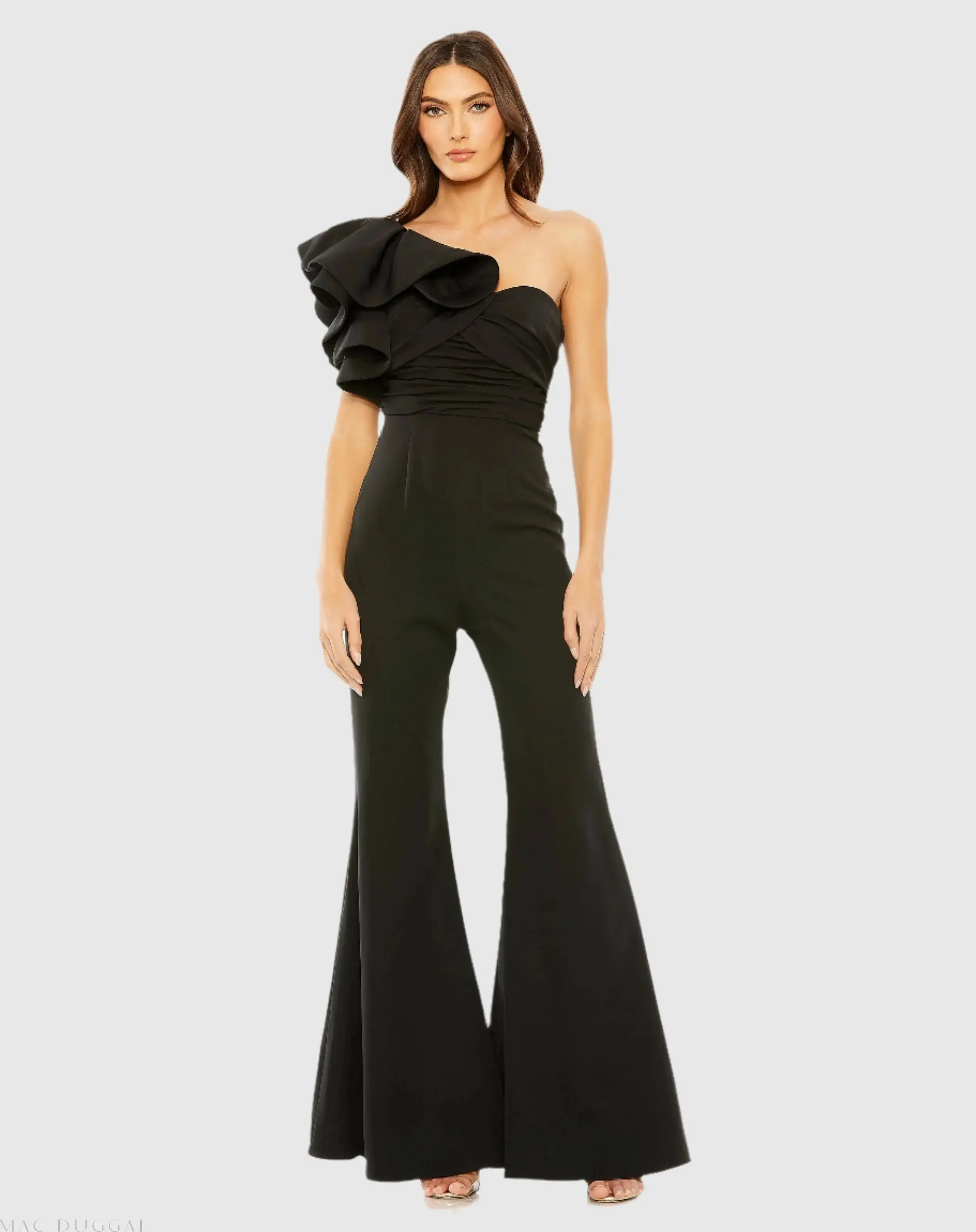 Black One Shoulder Ruffle Detail Flare Pant Jumpsuit - FINAL SALE