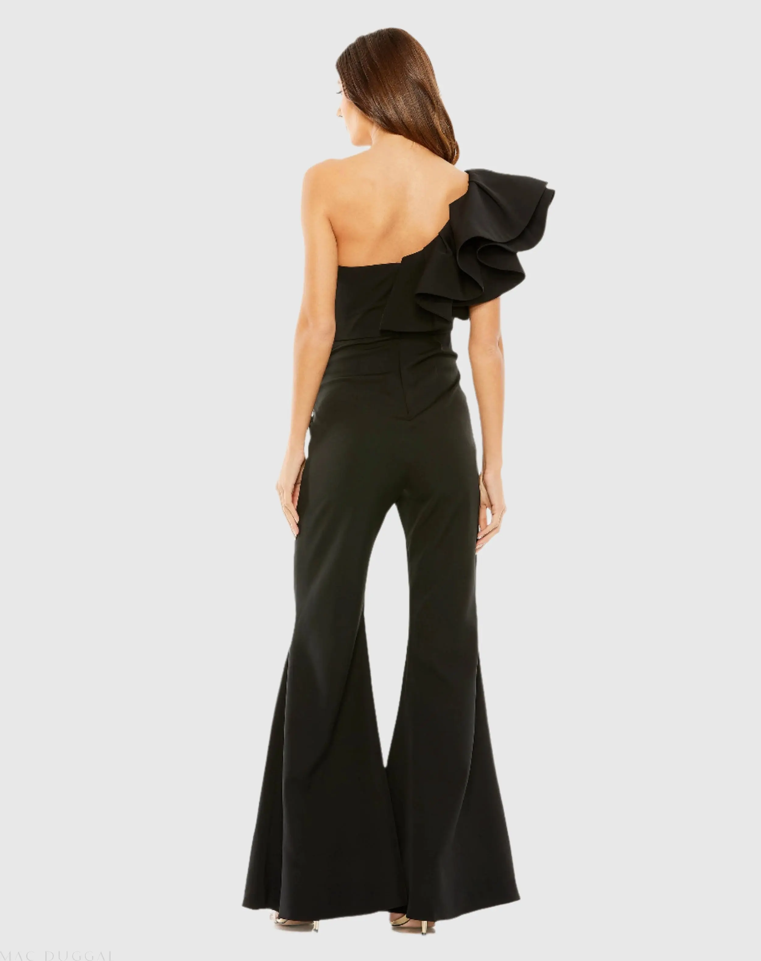 Black One Shoulder Ruffle Detail Flare Pant Jumpsuit - FINAL SALE - Image 3