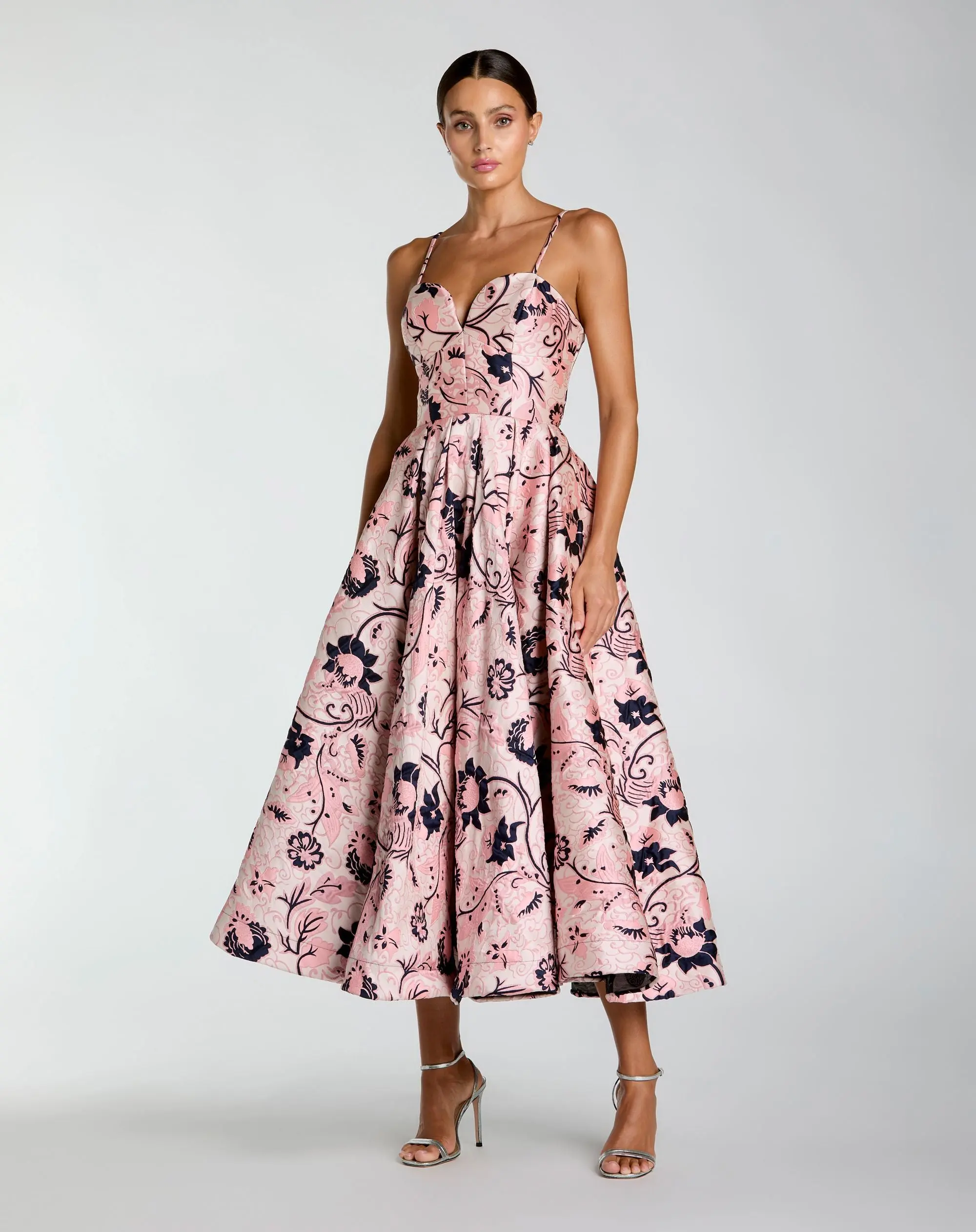 Pink Brocade Sweetheart Neck A-Line Midi Dress