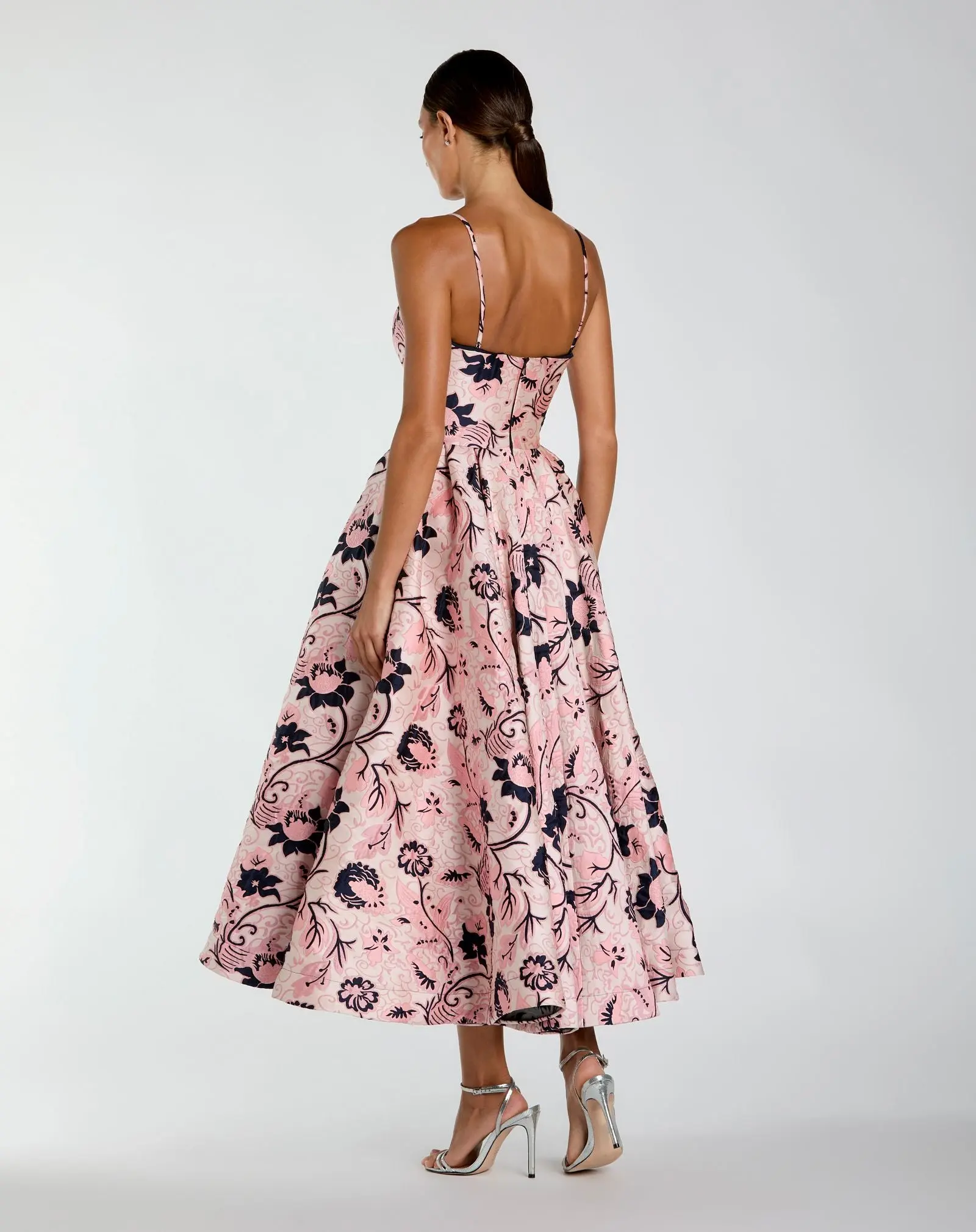 Pink Brocade Sweetheart Neck A-Line Midi Dress - Image 3