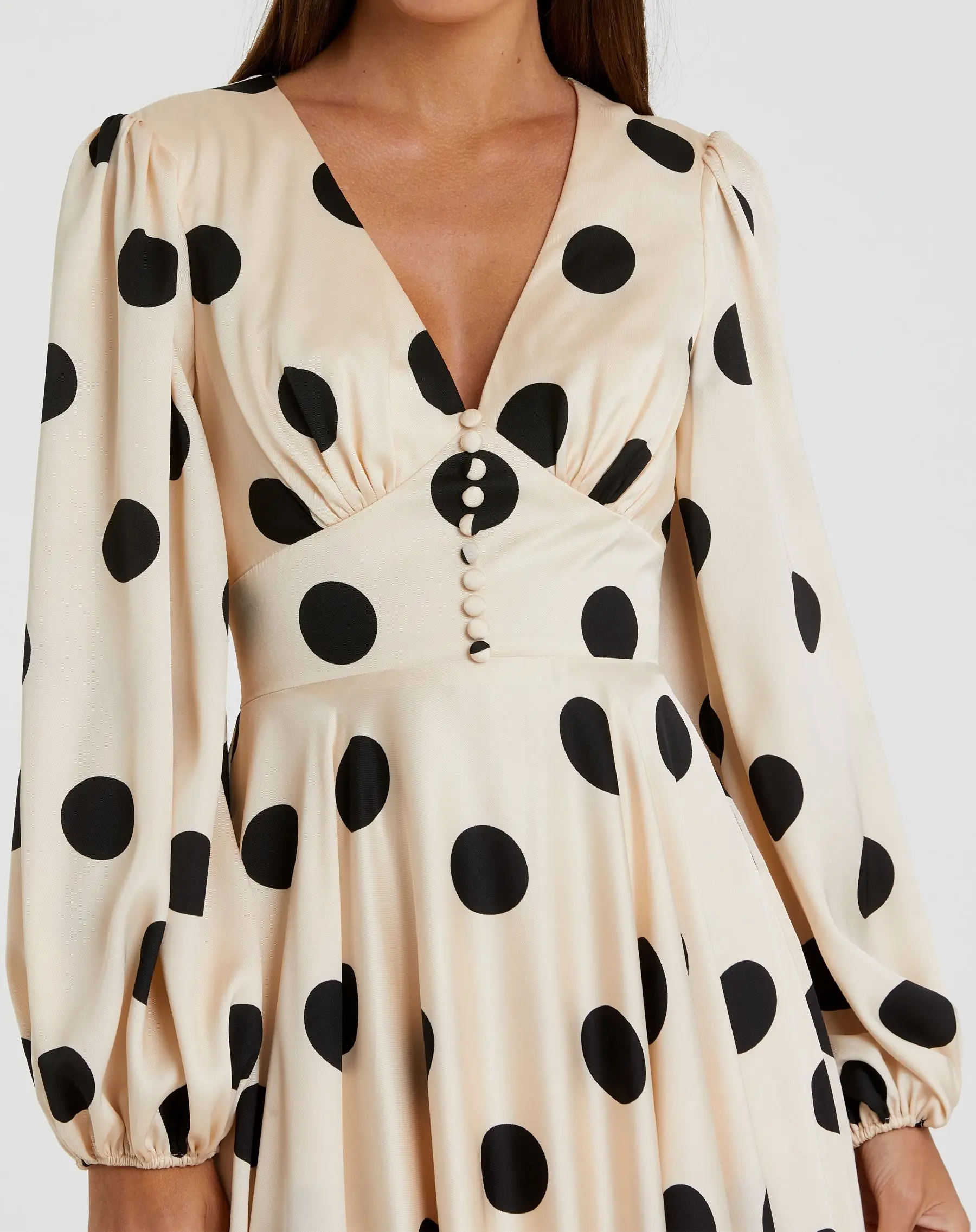 Beige Polka Dot Charmeuse Long Sleeve V Neck Midi Dress - Image 2