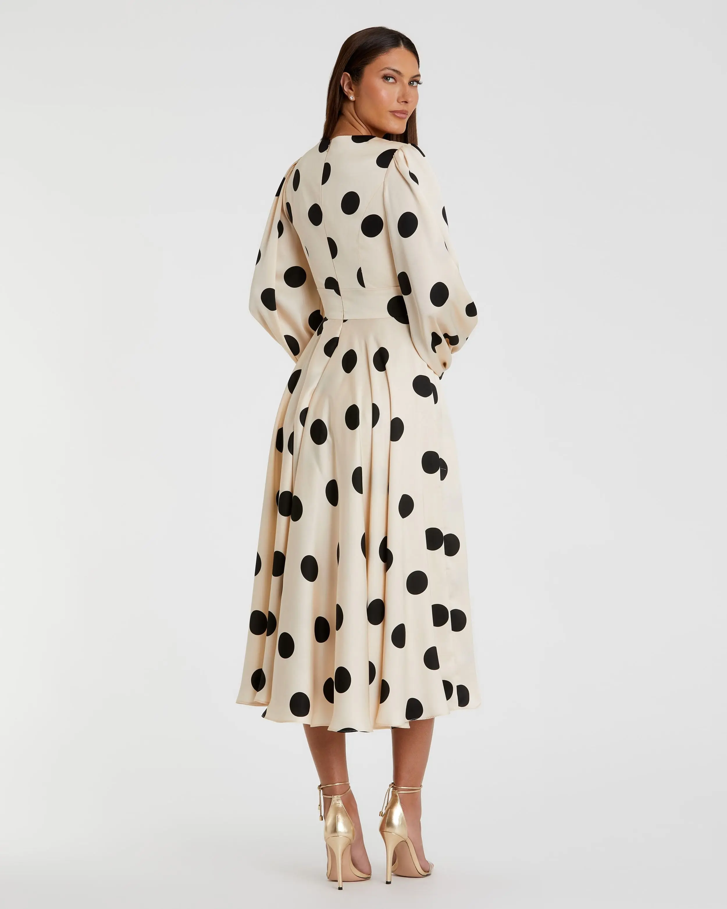 Beige Polka Dot Charmeuse Long Sleeve V Neck Midi Dress - Image 3
