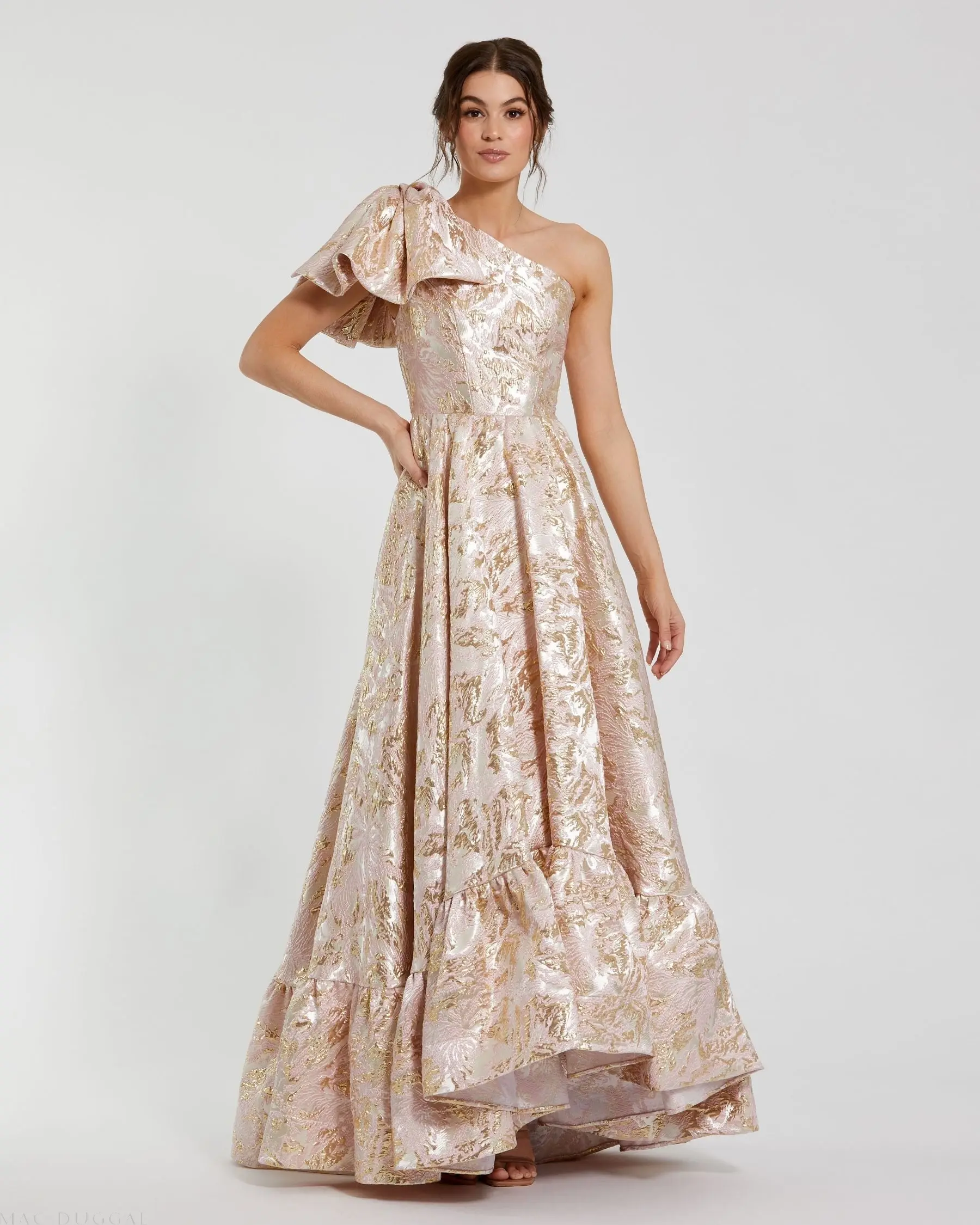 Pink Brocade One Shoulder Floral Gown With Bow