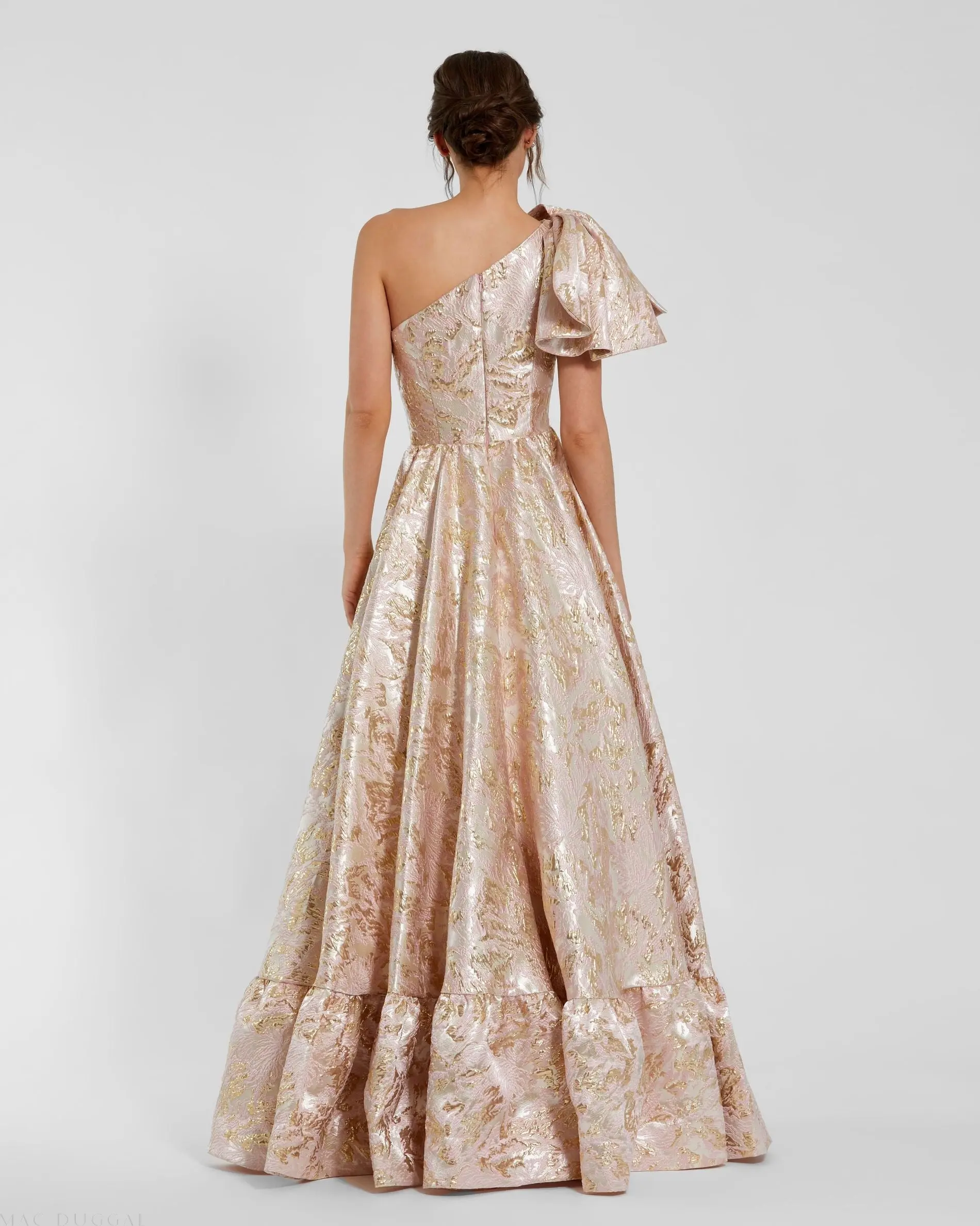 Pink Brocade One Shoulder Floral Gown With Bow - Image 3