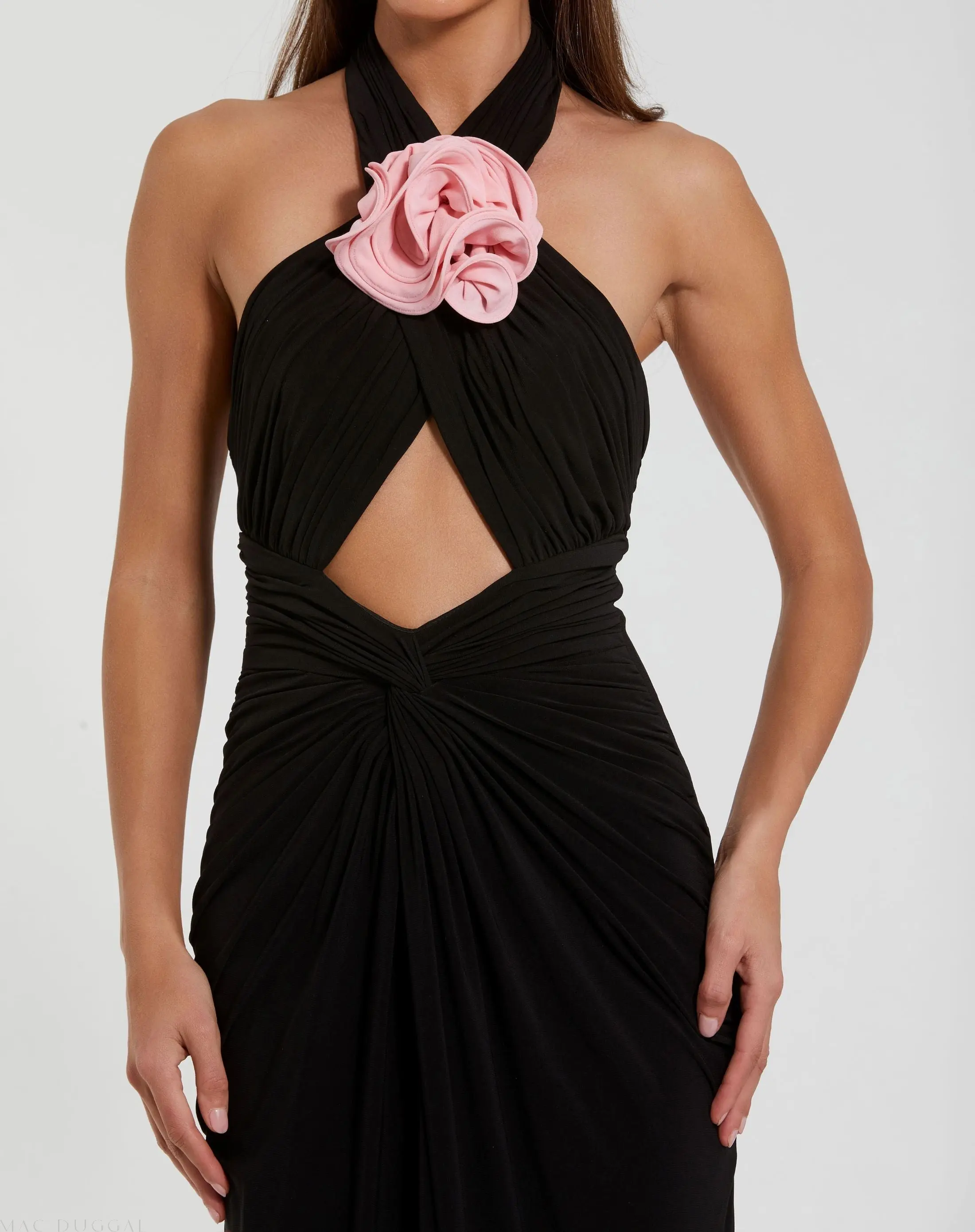 Black Jersey Crossover Halter Neck Gown With 3D Flower - Image 2