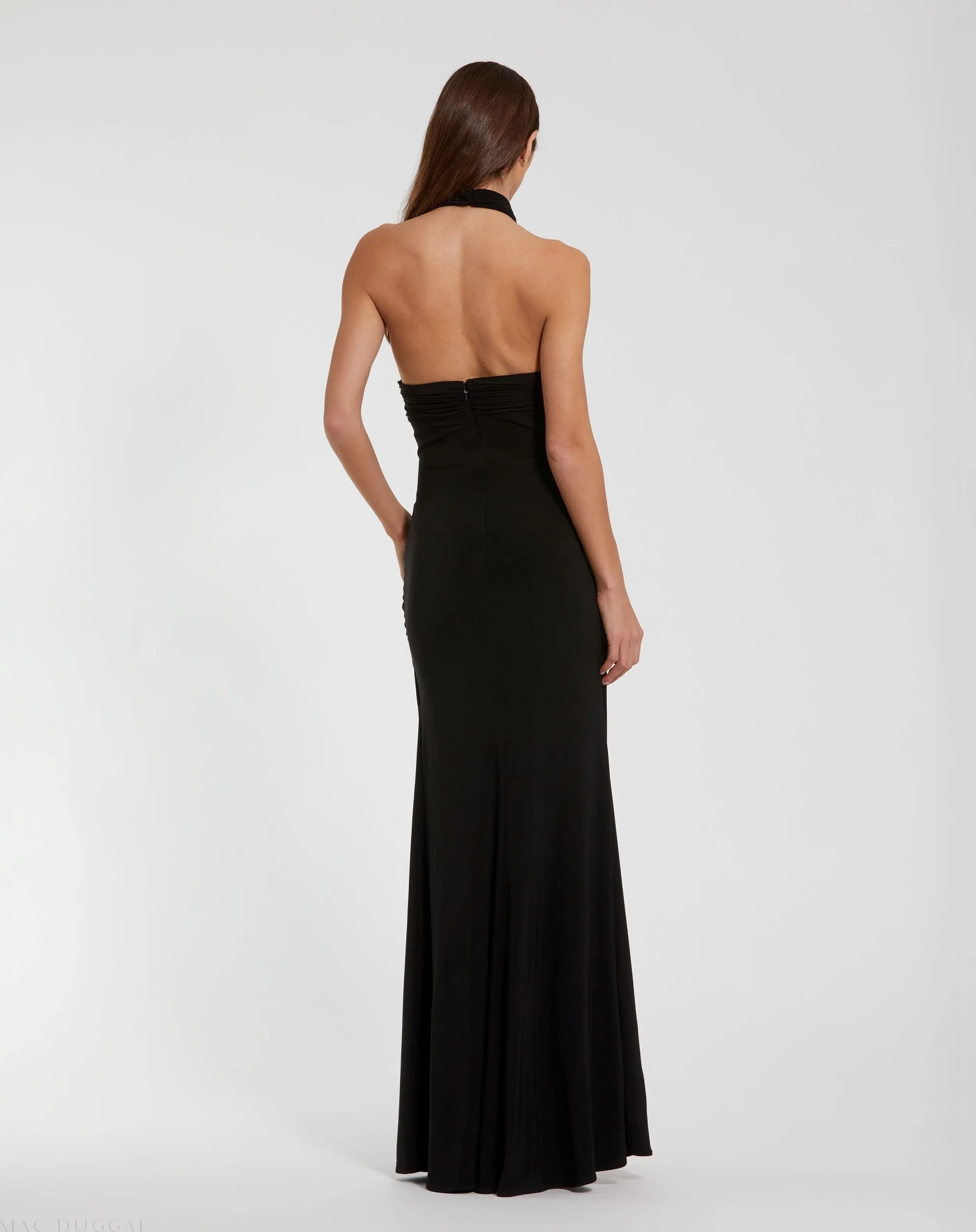 Black Jersey Crossover Halter Neck Gown With 3D Flower - Image 3