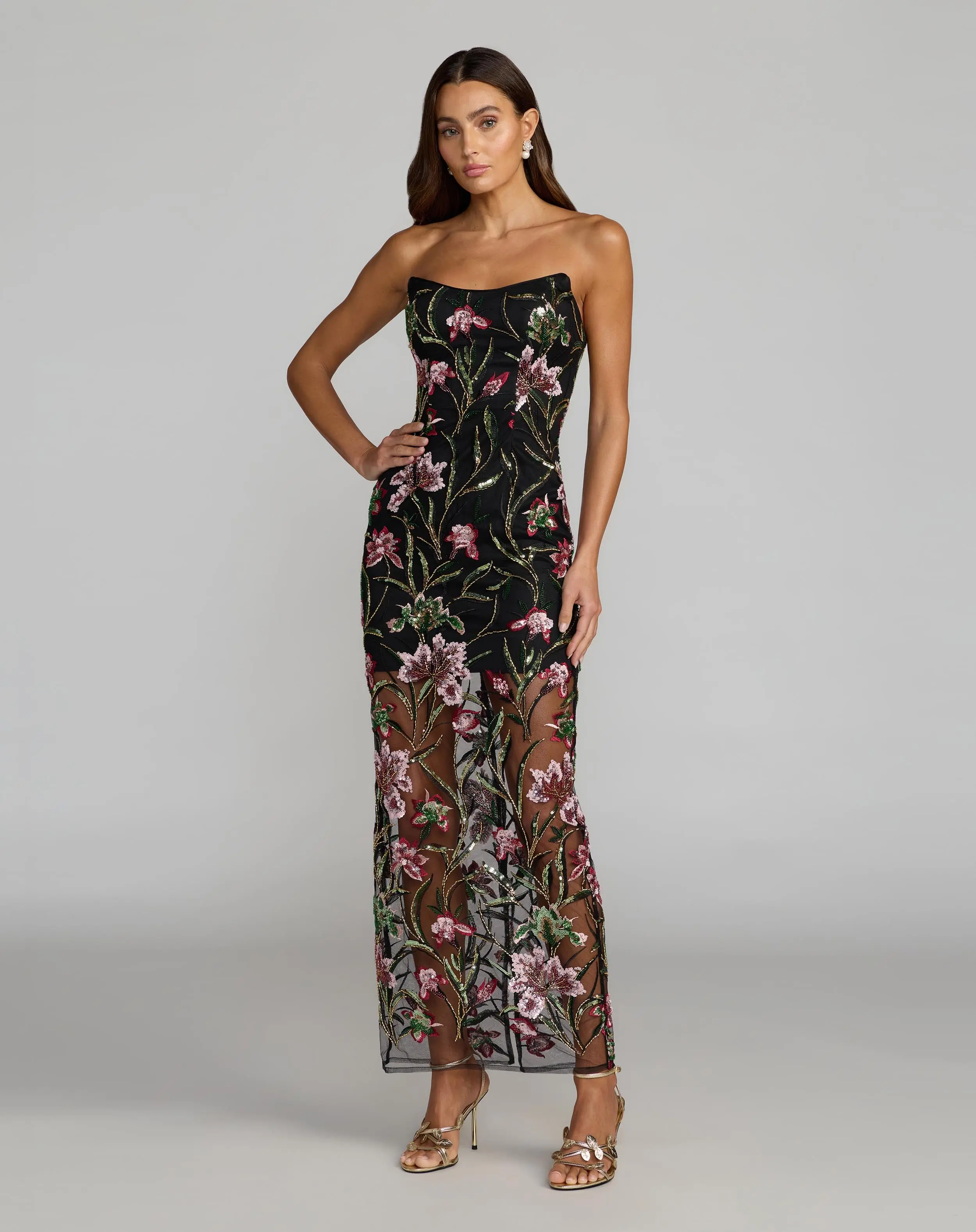Black Strapless Floral Embroidered Column Dress
