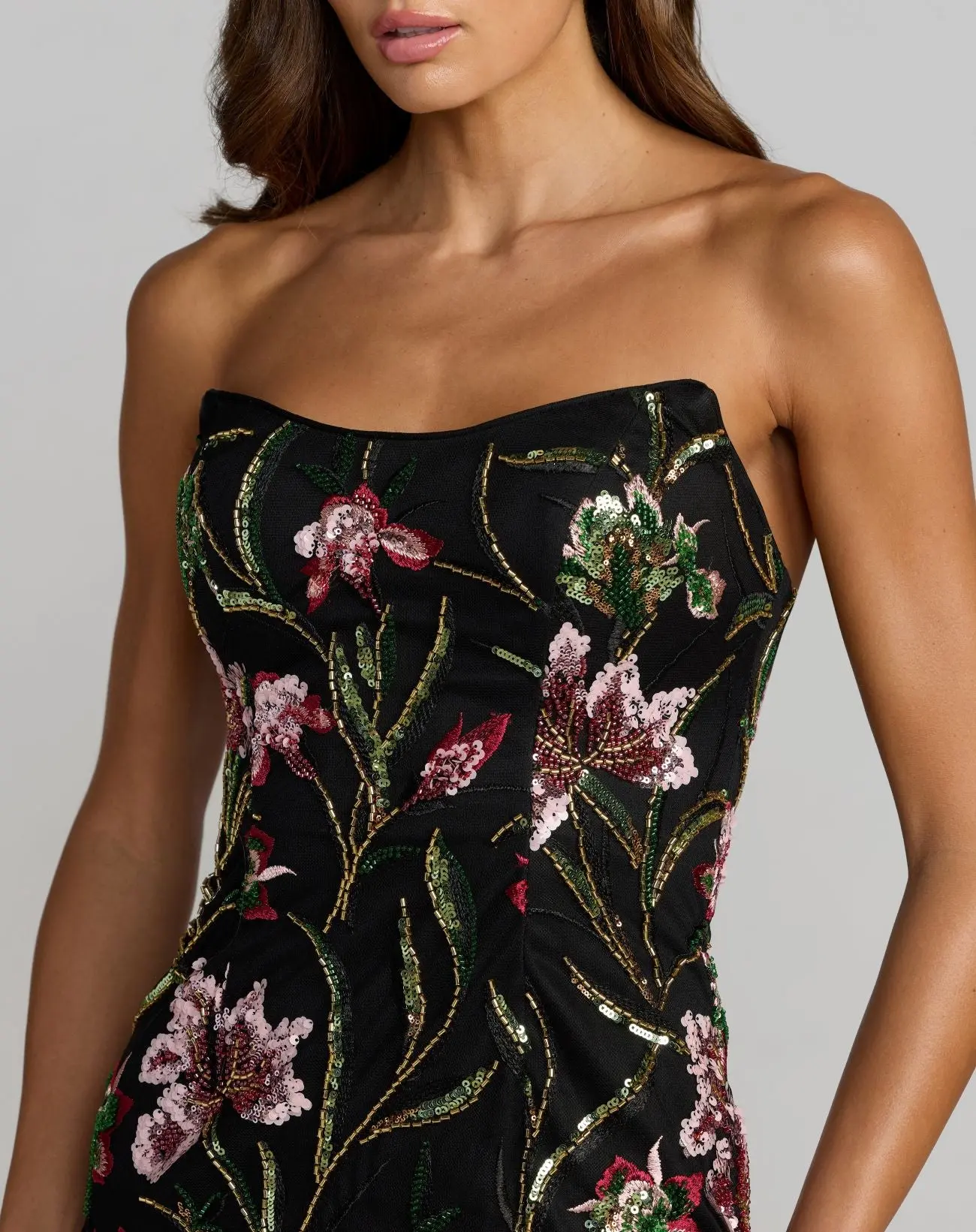 Black Strapless Floral Embroidered Column Dress - Image 2