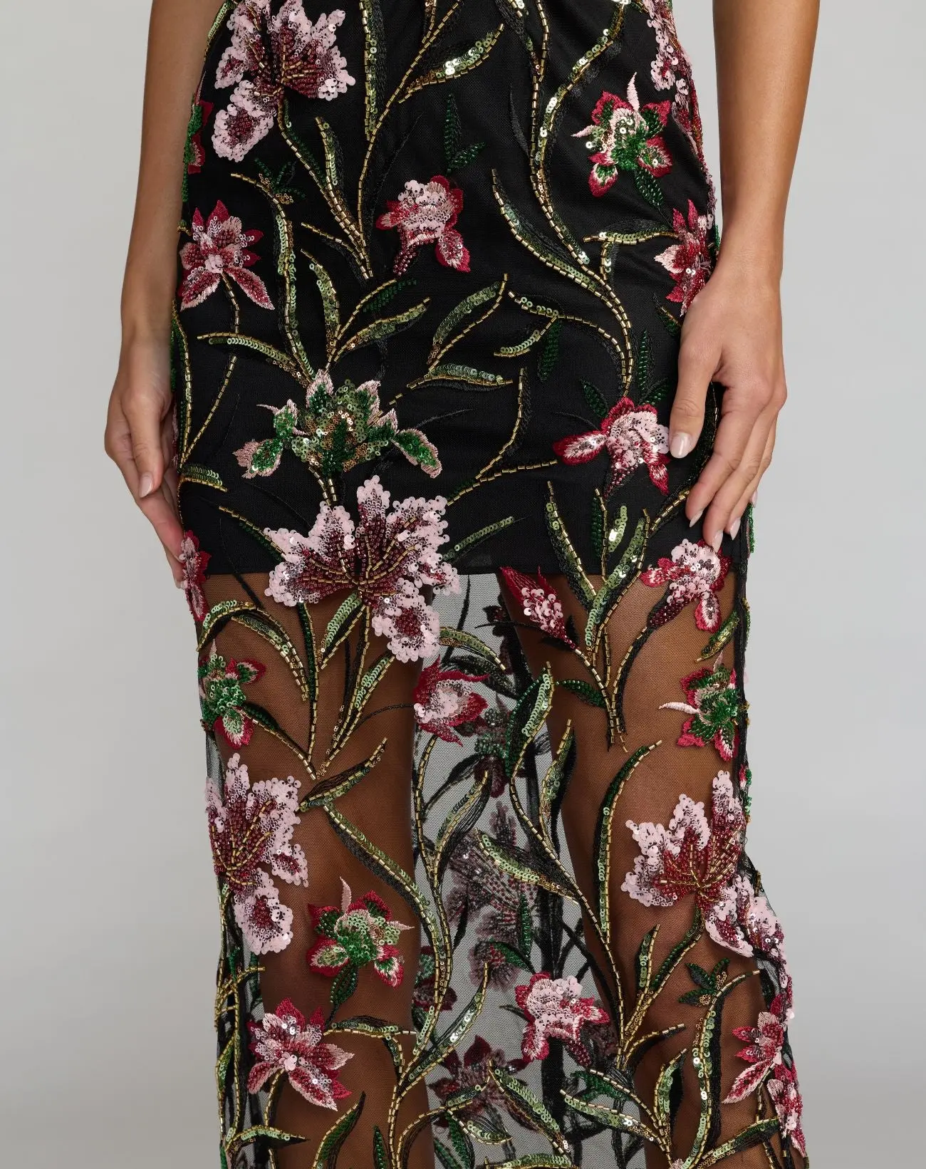 Black Strapless Floral Embroidered Column Dress - Image 3