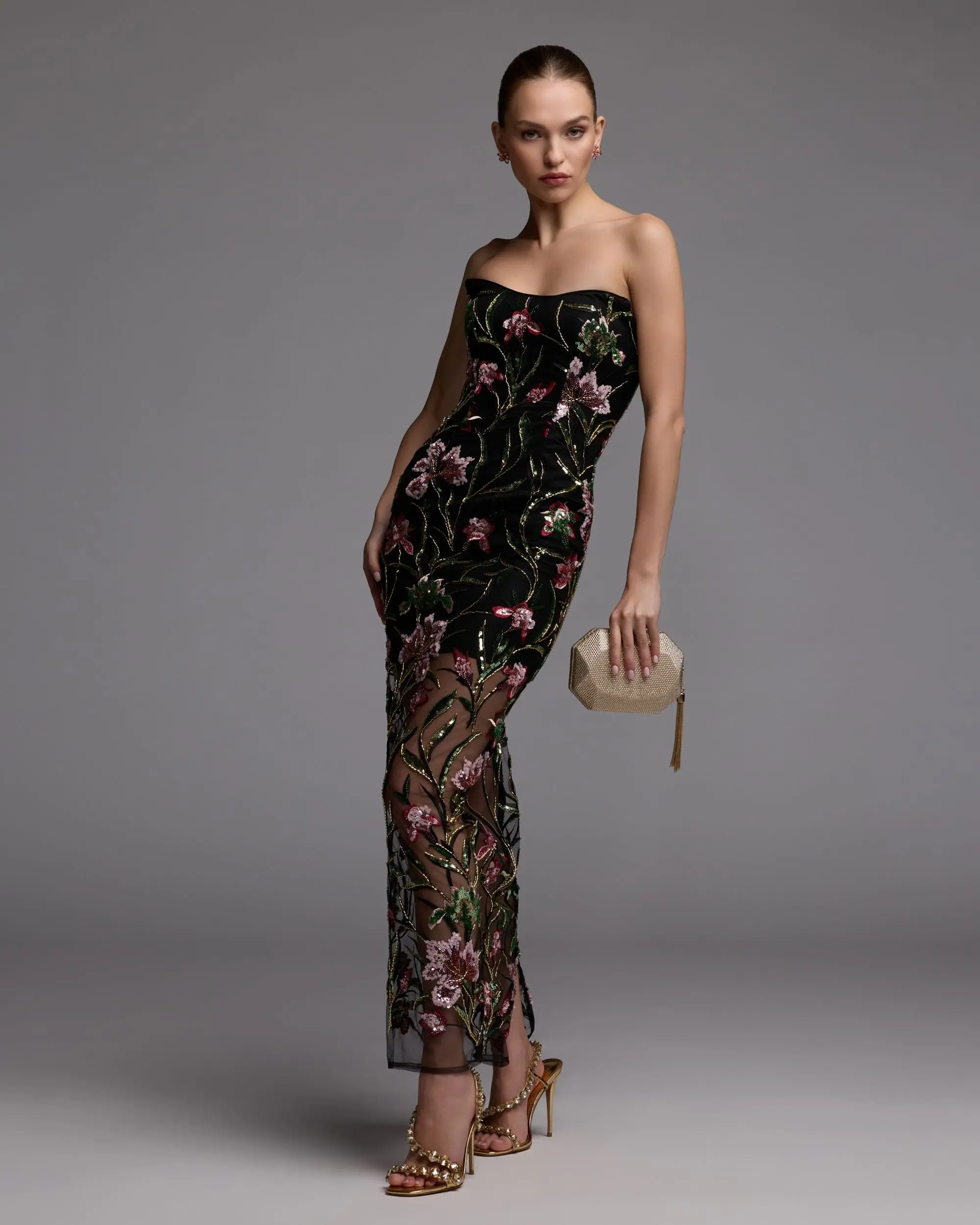 Black Strapless Floral Embroidered Column Dress - Image 5