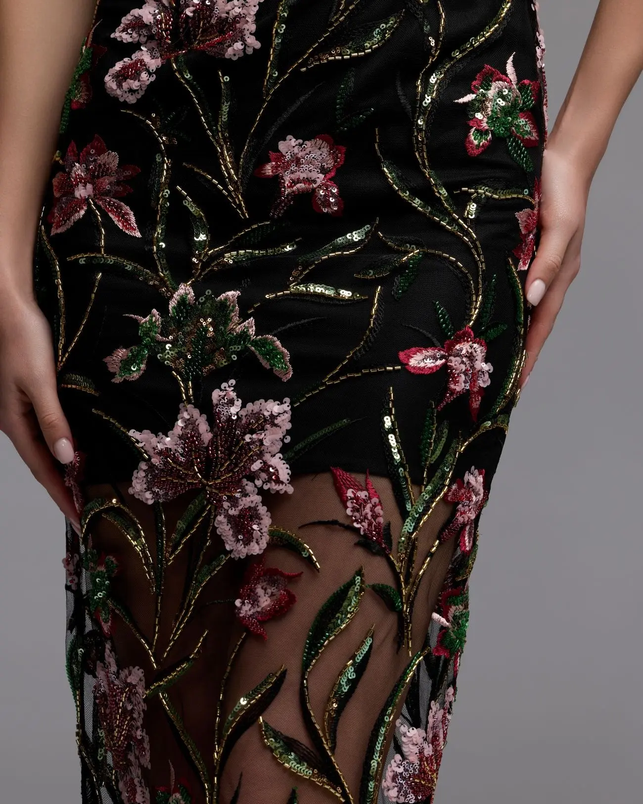 Black Strapless Floral Embroidered Column Dress - Image 6